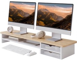 FENGE Monitor verhoger - Bureau organizer - Extra breed voor twee schermen - Met 2 verschuifbare acryl lades - Natuurhoutkleur
