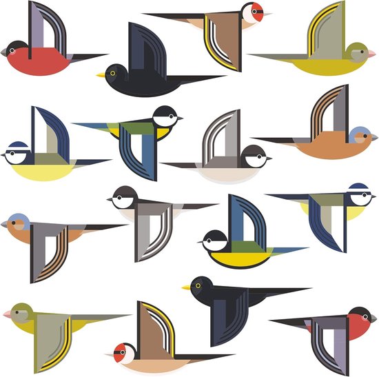 Een mozaïek van gestileerde vliegende vogels in verschillende kleuren, waaronder rood, zwart, bruin, geel, blauw en grijs.