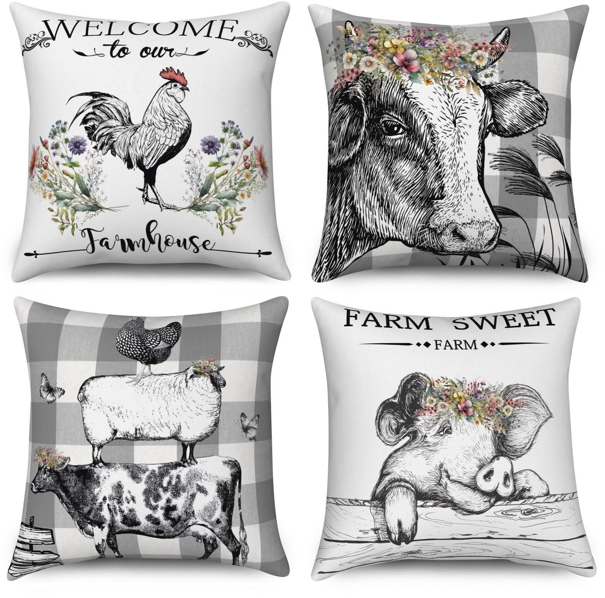 Elzusha - Set van 4 Kussenhoezen - Schattige Dierenmotieven voor Sofa - 40 x 40 cm