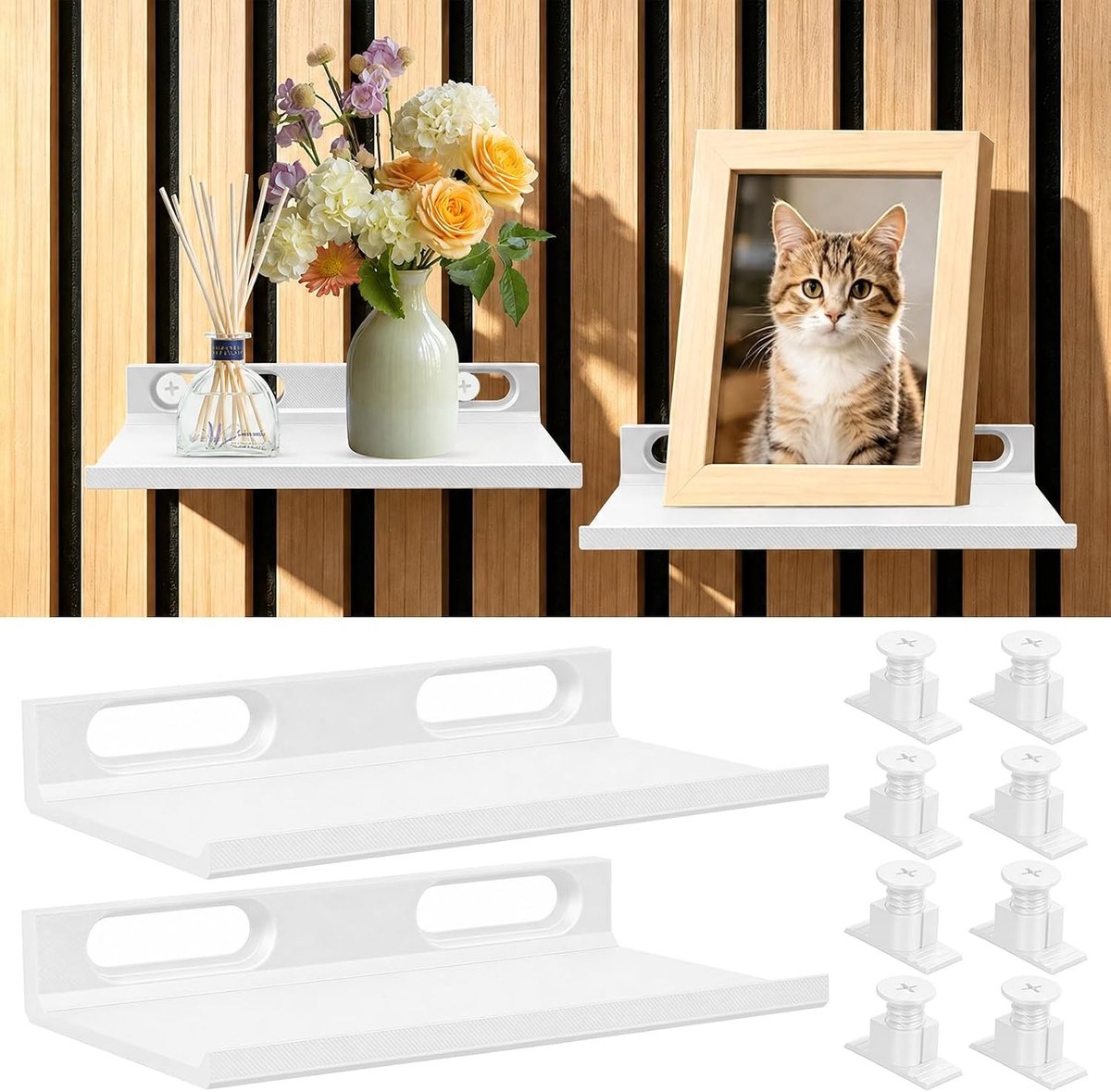 Plank voor Akoestische Panelen - Wit - 15 x 9 x 2,4 cm - Kunststof Wandrek - Voor Decoratie en Kleine Voorwerpen