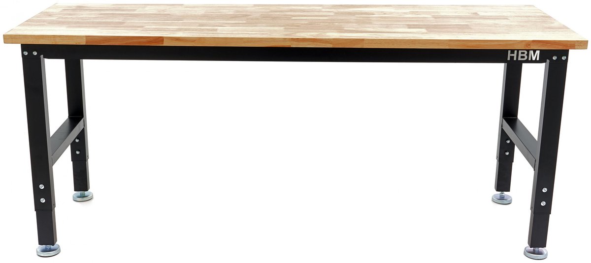 HBM werkbank met massief houten blad, in hoogte verstelbaar, 182 cm