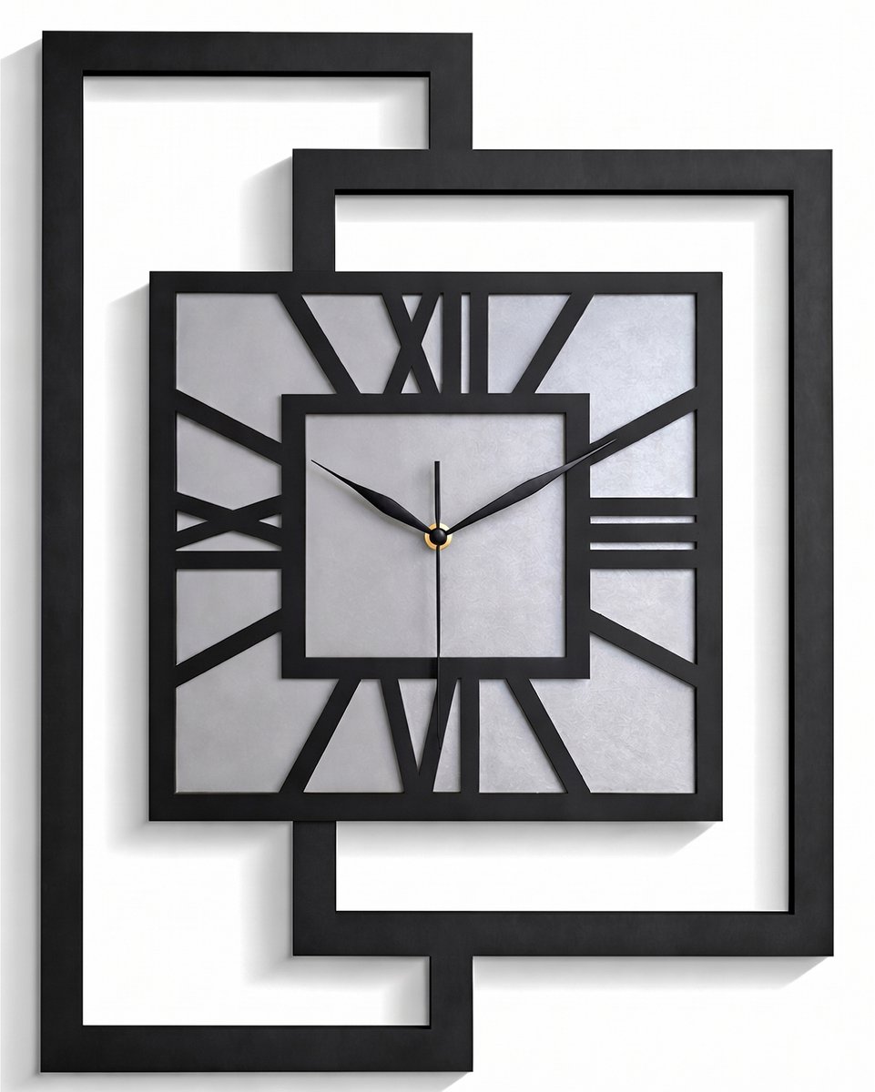 Handgemaakte Grote Houten Wandklok – Modern Minimalistisch Design, Rechthoekig Verticaal, Romeinse cijfers, Geruisloos, Zonder Tikkend Geluid – Voor Woonkamer, Slaapkamer, Keuken –Unieke Wanddecoratie, Industrieel Design & Stil Uurwerk,zwart en grijs