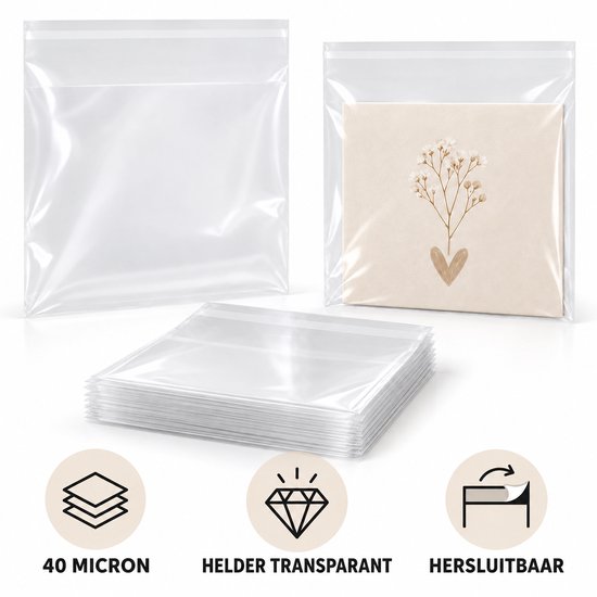 Transparante zakjes, 40 micron dik, helder en hersluitbaar. Een zakje bevat een kaart met bloemen.