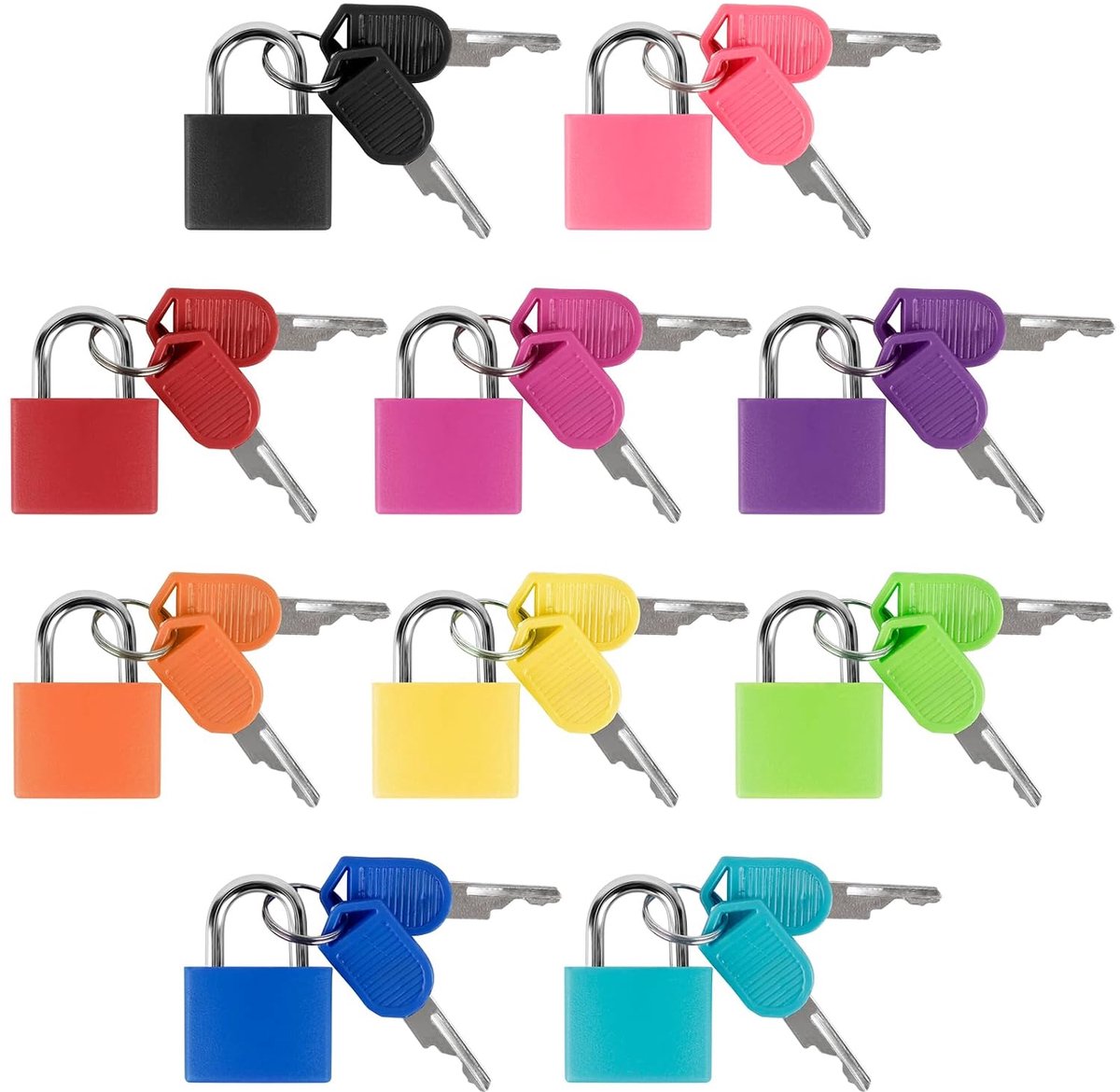 10 mini-hangsloten, Geschikt voor koffers/rugzakken/kledingkasten. Deze set mini-hangsloten bevat 20 sleutels. Compacte en kleurrijke bagagesloten, verkrijgbaar in 10 kleuren - 2,4 x 3,2 x 1 cm.