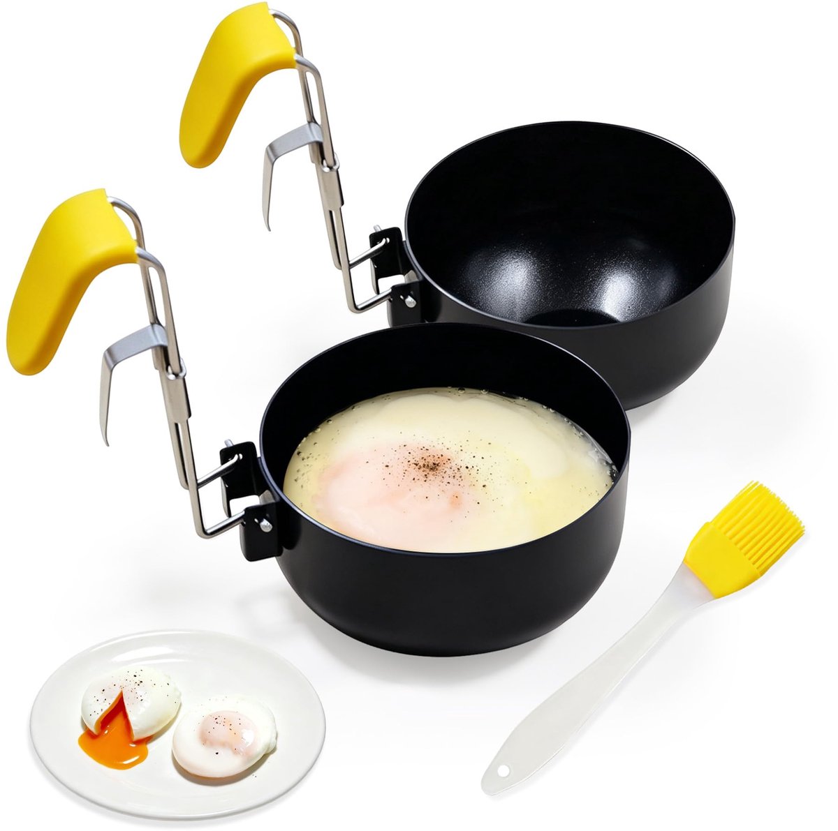 Namajunas - 2 Stuks Eierkoker antikleefpan - Ei pocheerder met handvat - Met borstel - Keuken accessoire - Keukenhulp - Voor perfect gevormde - Gekookte eieren - Om op te hangen aan de rand van de pan - Onmisbare keukenallrounder