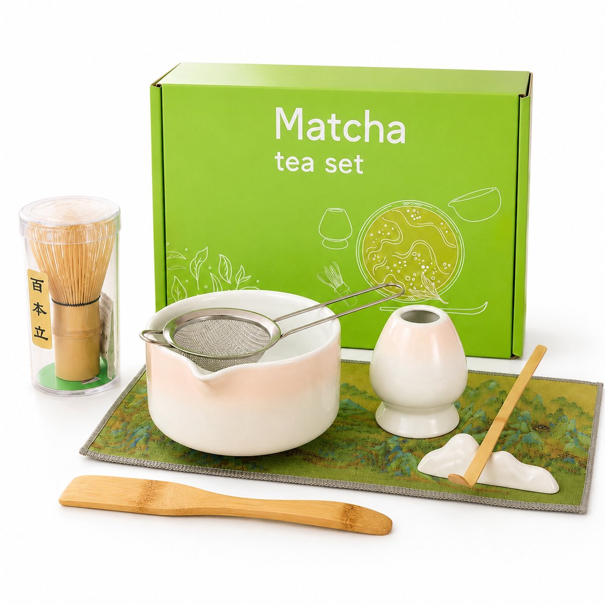 LOVHAUS 8-delige Matcha Starterset met Kom en Bamboe Garde - Roze Verloop