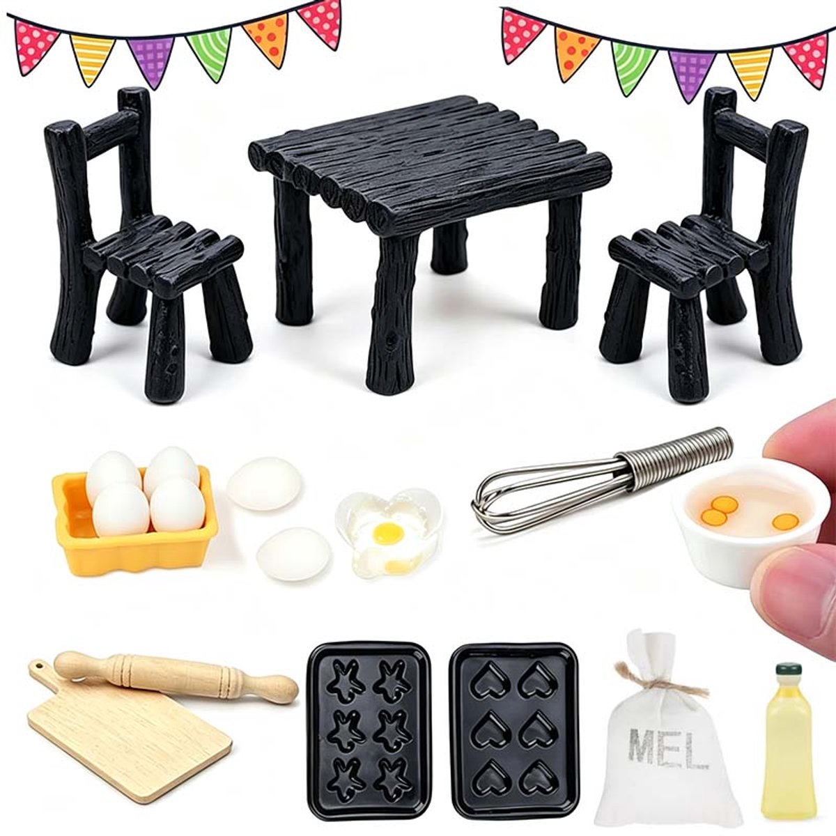 Mini keuken poppenhuis accessoires – Set met tafel, stoelen, eieren & deegroller – Speelgoed bakaccessoires – Donkerbruin