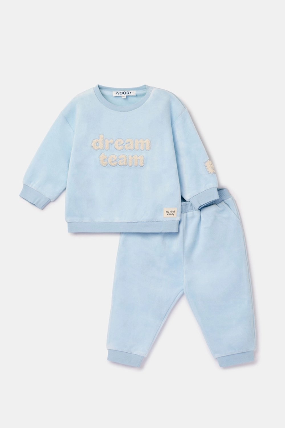 Woody pyjama baby unisex velours - lichtblauw - 'Dream team' - 262-10-BPC-V/810