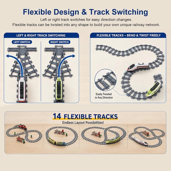 Set met 8 rechte rails, 24 gebogen rails, 1 kruisrails en 1 splitsing — afbeelding 3