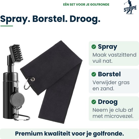 Golf Schoonmaakset - Club Cleaner Borstel met Water Spray Fles & Microfiber Handdoek - Golf Cleaning Brush - Met Clip - Stripe Golf Accessoires bij GolfGigant van Merkloos — afbeelding 5