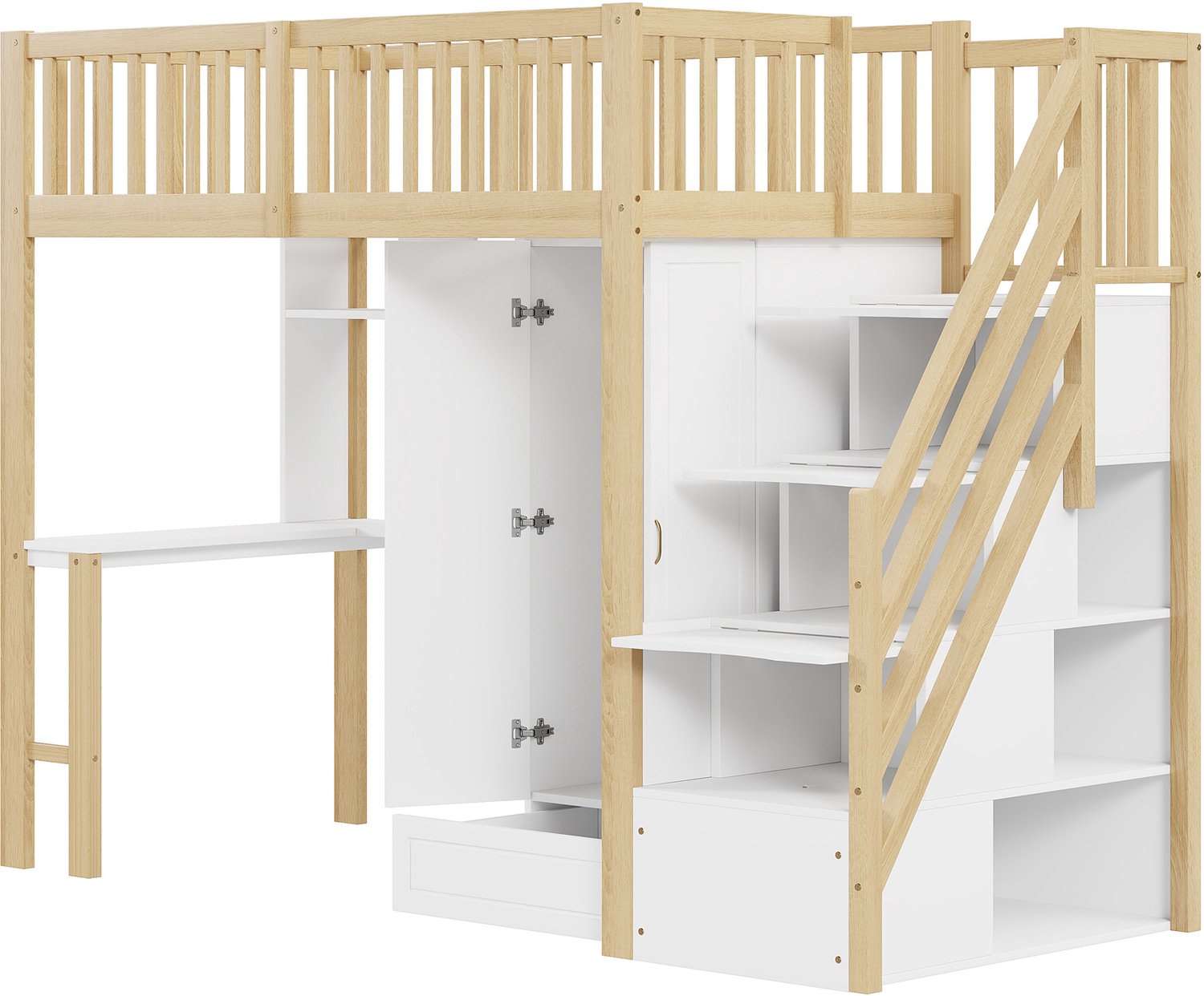 MUVANO Hoogslaper 90 x 200 cm met kledingkast, bureau en opbergrek - multifunctioneel houten bed met trapladen voor kleine slaapkamers, wit/houtkleur