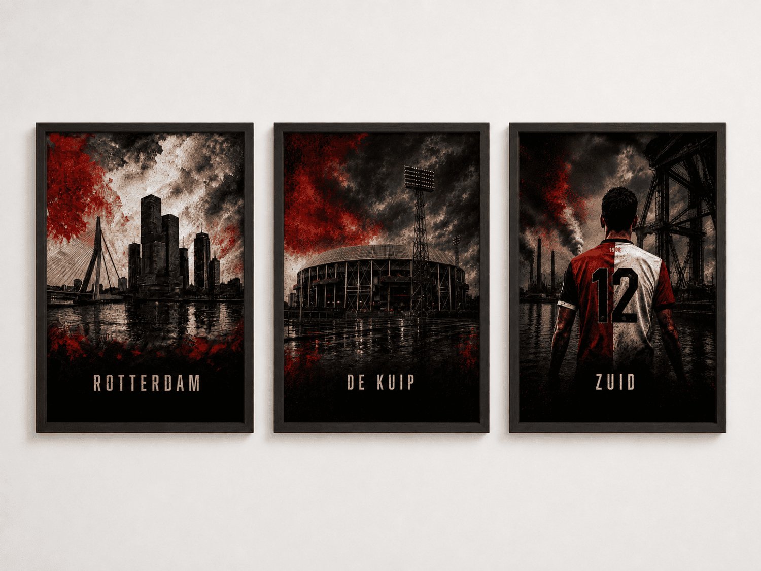 Joshimo Feyenoord Rotterdam Drieluik | Rotterdam, De Kuip en Het Legioen | Inclusief 3 Zwarte A3 Lijsten