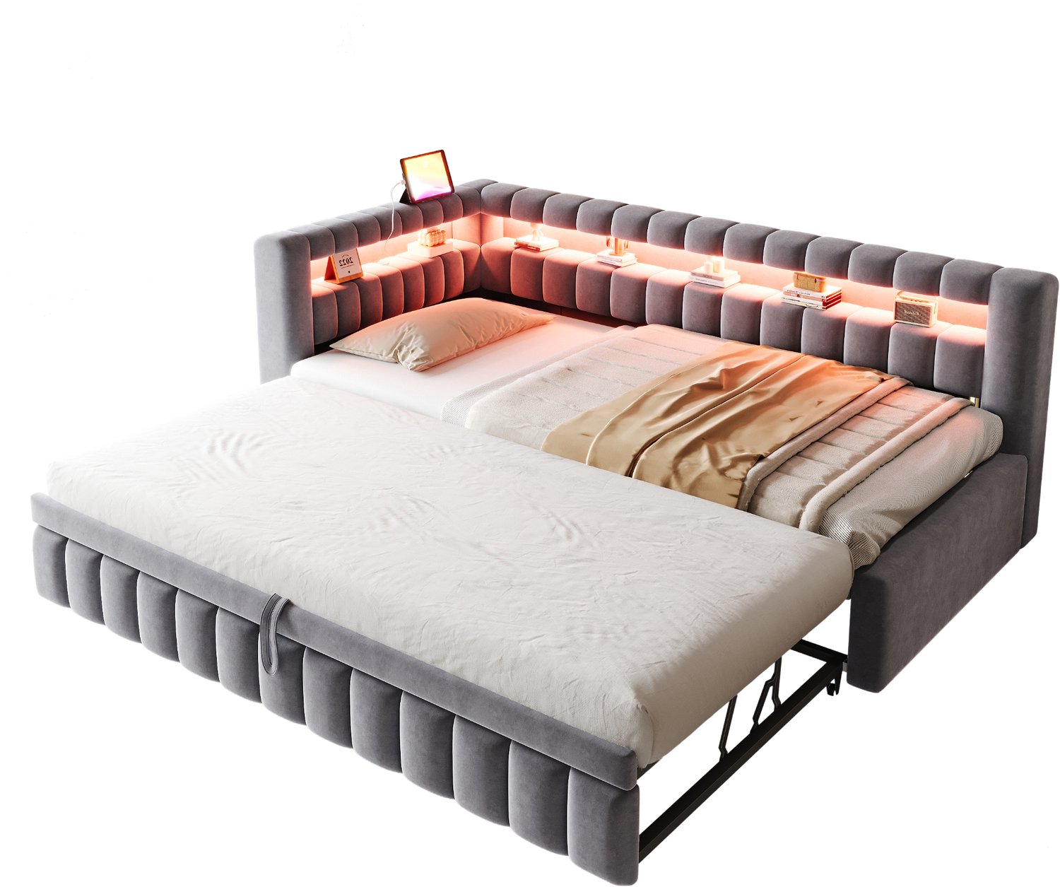 MUVANO Slaapbank 90x200 cm - Uitschuifbaar slaapbed - Ledverlichting en USB-C - Fluwelen bekleding - Met opbergvakken - Voor logeerkamer - Donkergrijs