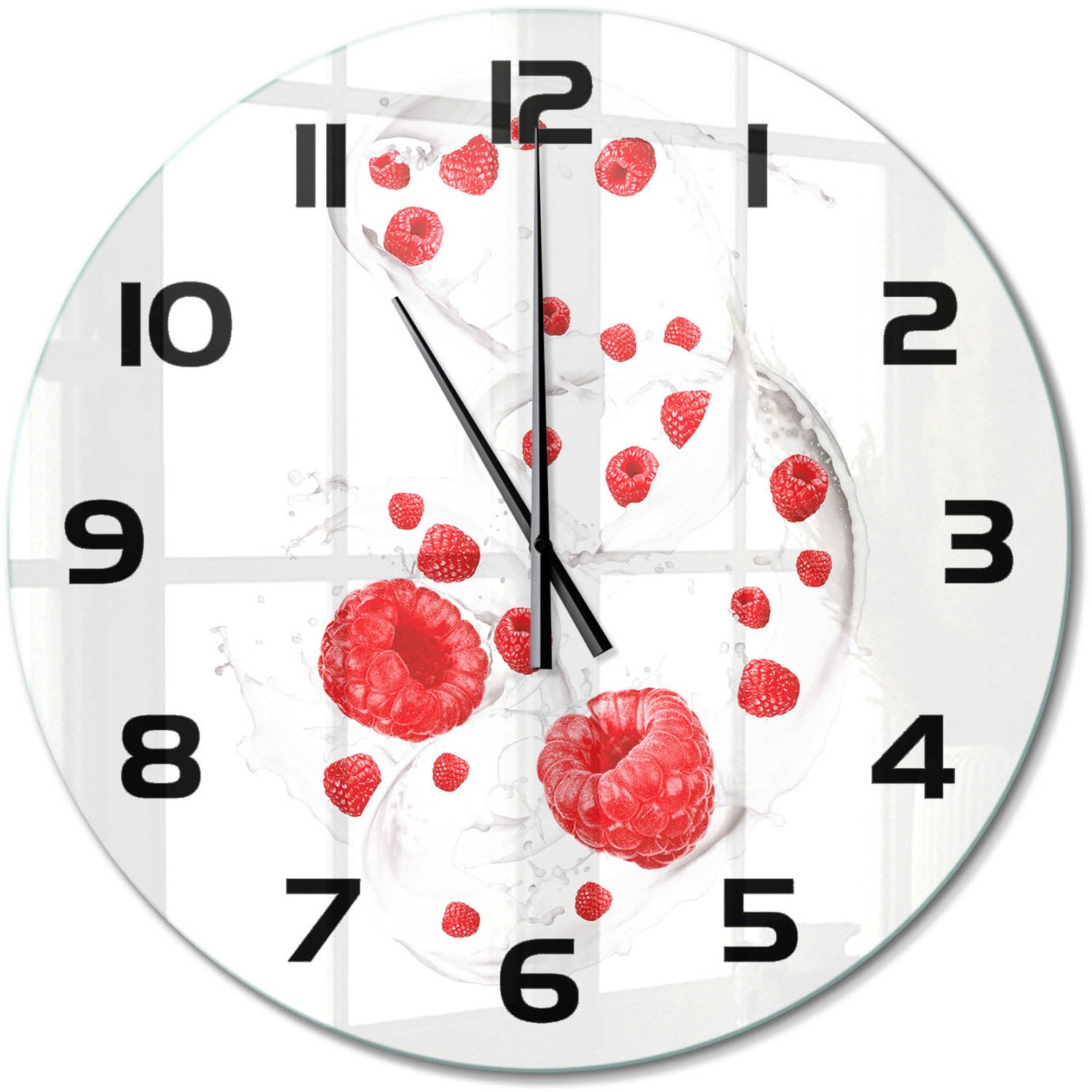 TULUP Wandklok - Frambozen met melk Wandklok Glas Met Motief - fi60 cm - Rood Decoratieve Glazen Klok - Zwarte handen - Ronde Klok - Gekleurde Glazen Klok - Glazen Klok Met Print
