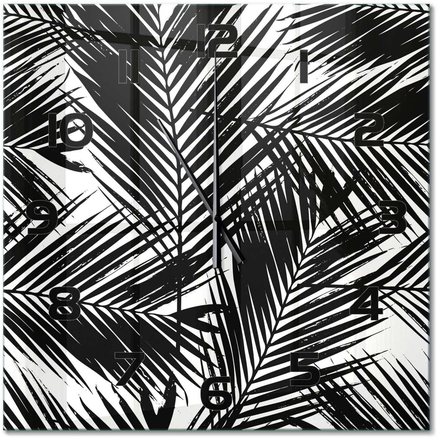 TULUP Wandklok - Palmbladeren Gekleurde Glazen Klok - 60x60 cm - Zwart-wit Glazen Klok Met Print - Zwarte handen - Vierkante Klok - Moderne Wandklok Glas - Wandklok Glas Decoratie