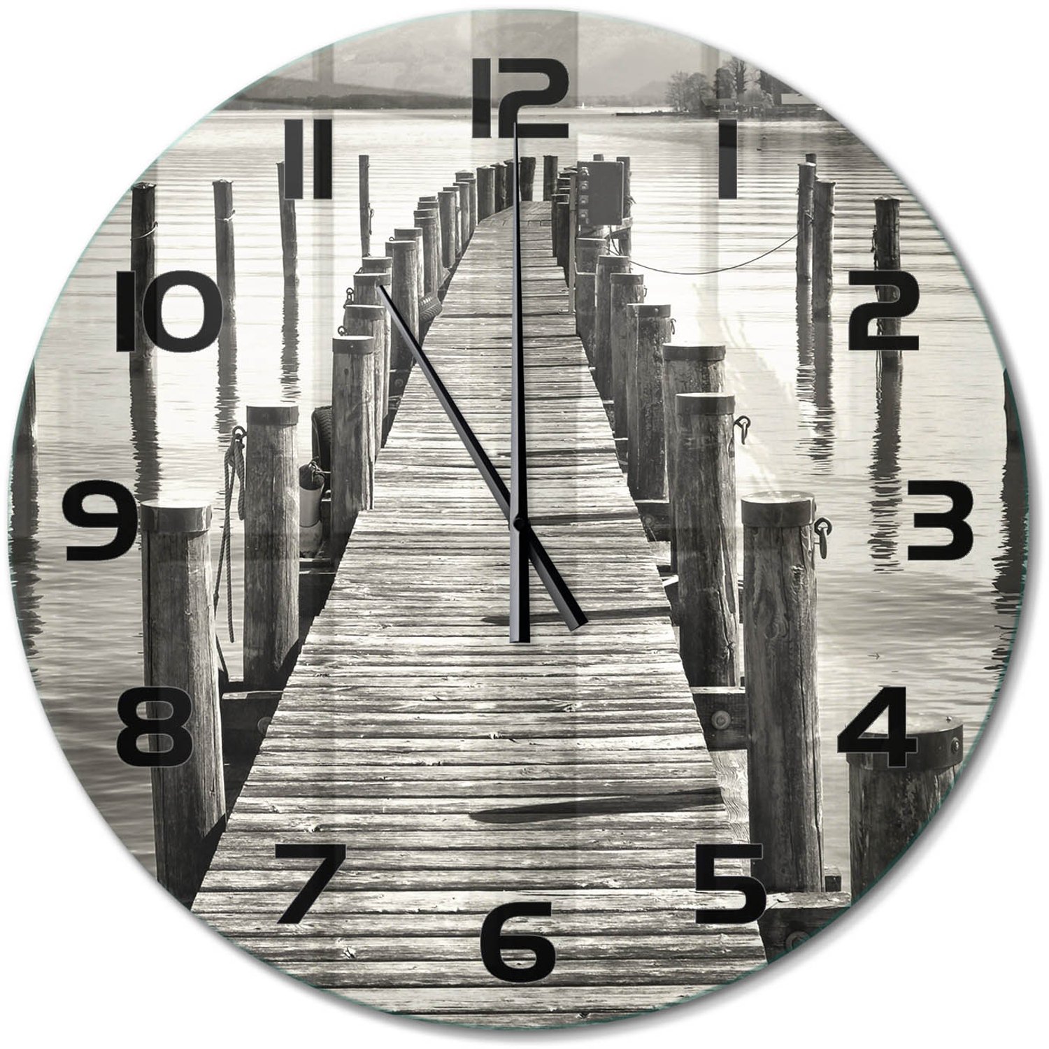 TULUP Wandklok - Houten brug Gekleurde Glazen Klok - fi60 cm - Zwart-wit Glazen Klok Met Print - Zwarte handen - Ronde Klok - Moderne Wandklok Glas - Wandklok Glas Decoratie