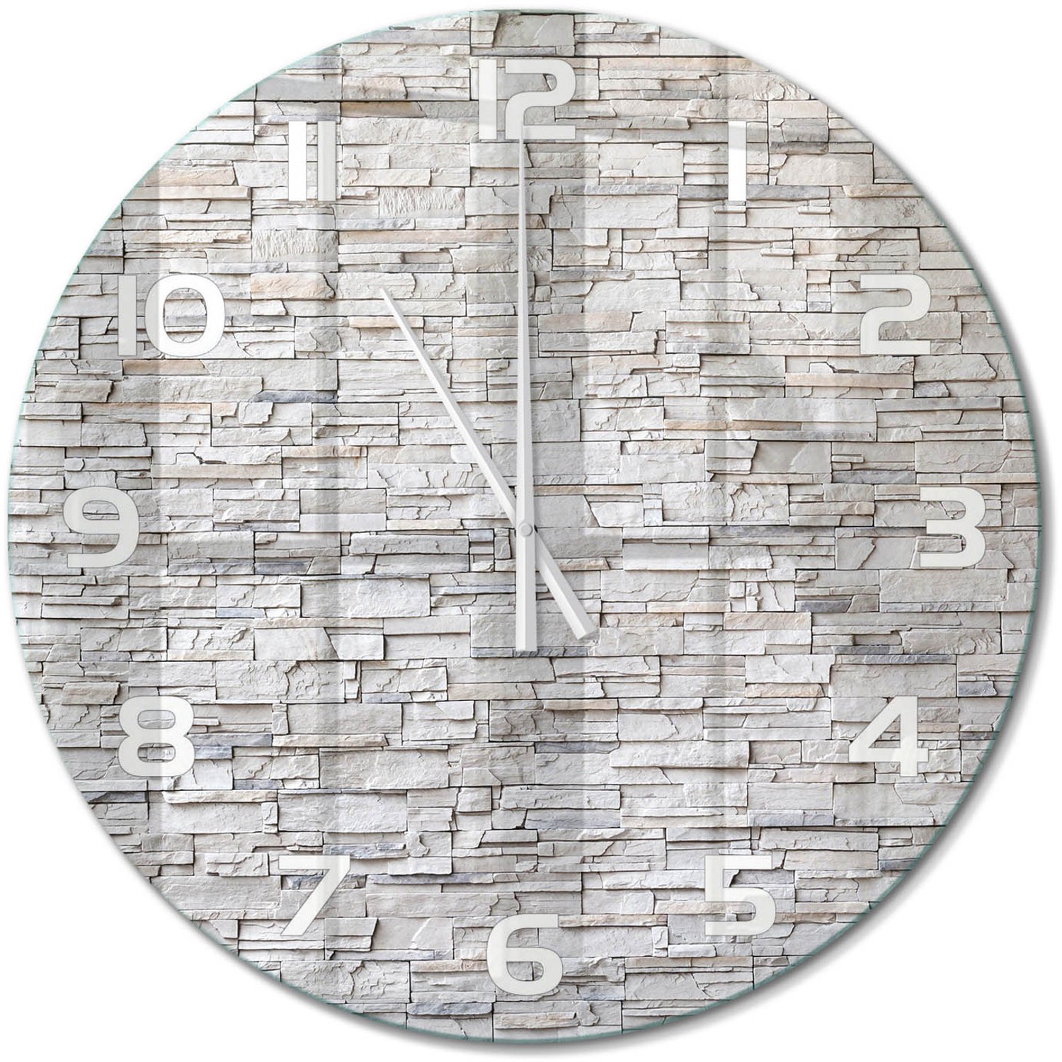 TULUP Wandklok - Stenen muur Wandklok Glas Decoratie - fi60 cm - Beige Gekleurde Glazen Klok - Witte handen - Ronde Klok - Klok Glas Met Opdruk - Moderne Wandklok Glas