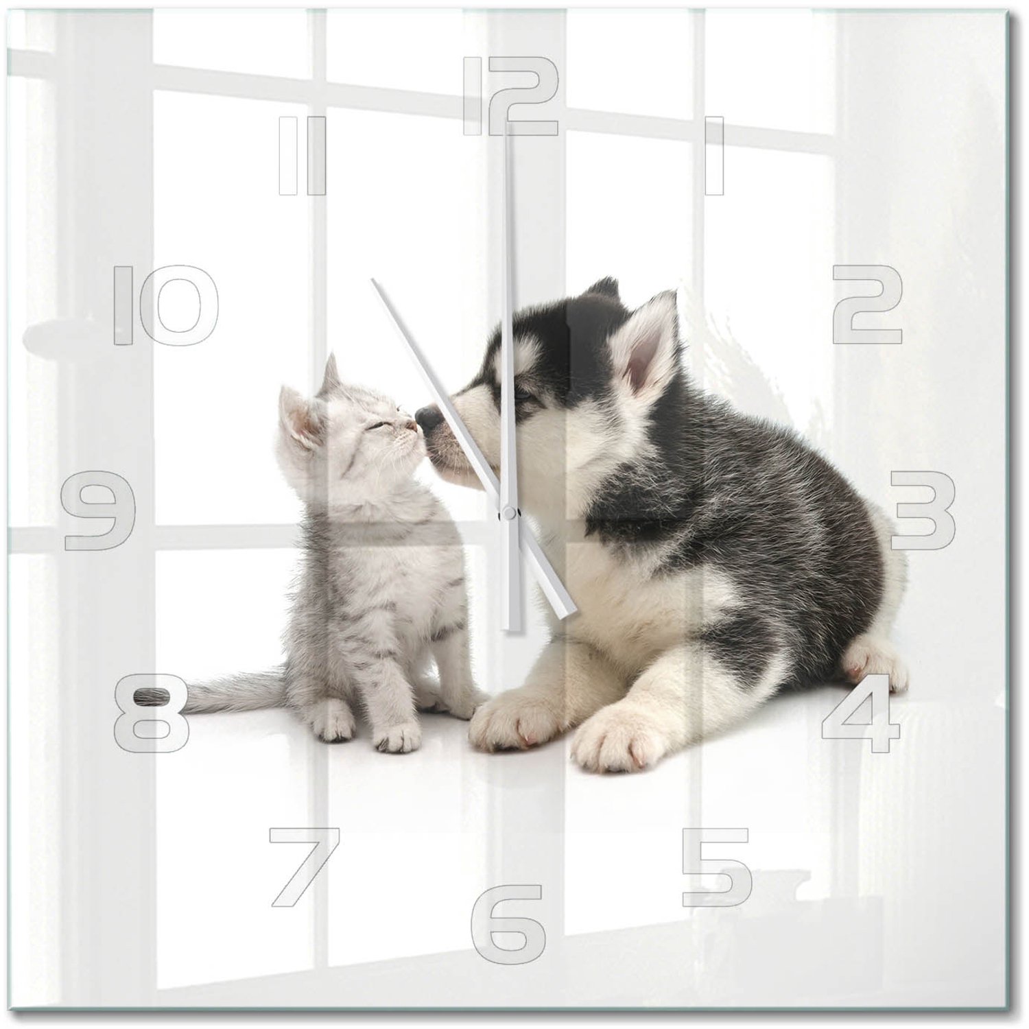 TULUP Wandklok - Hond en kat Decoratieve Glazen Klok - 60x60 cm - Zwart Glazen Wandklok Design - Witte handen - Vierkante Klok - Glazen Klok Met Print - Wandklok Glas Met Motief