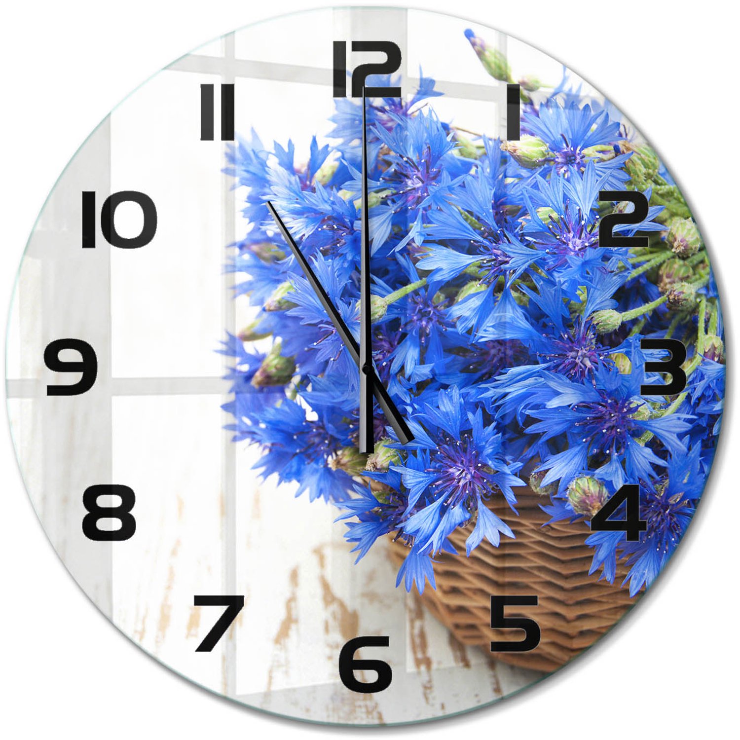 TULUP Wandklok - Korenbloemen in een mand Glazen Klok Met Print - fi60 cm - Blauw Wandklok Glas Met Motief - Zwarte handen - Ronde Klok - Wandklok Glas Decoratie - Gekleurde Glazen Klok