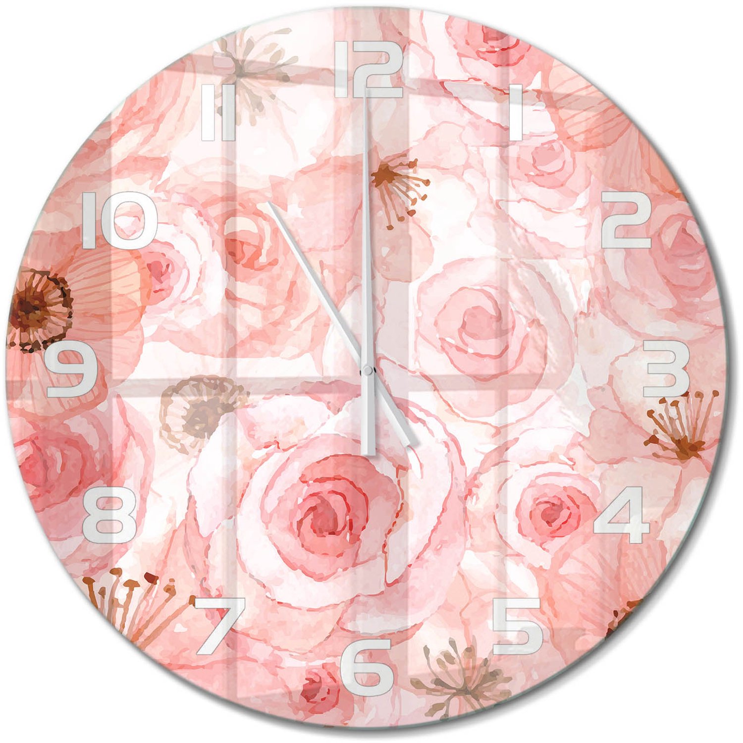 TULUP Wandklok - Bloemenpatroon Glazen Wandklok Design - fi60 cm - Roze Klok Glas Met Opdruk - Witte handen - Ronde Klok - Wandklok Glas Met Motief - Decoratieve Glazen Klok