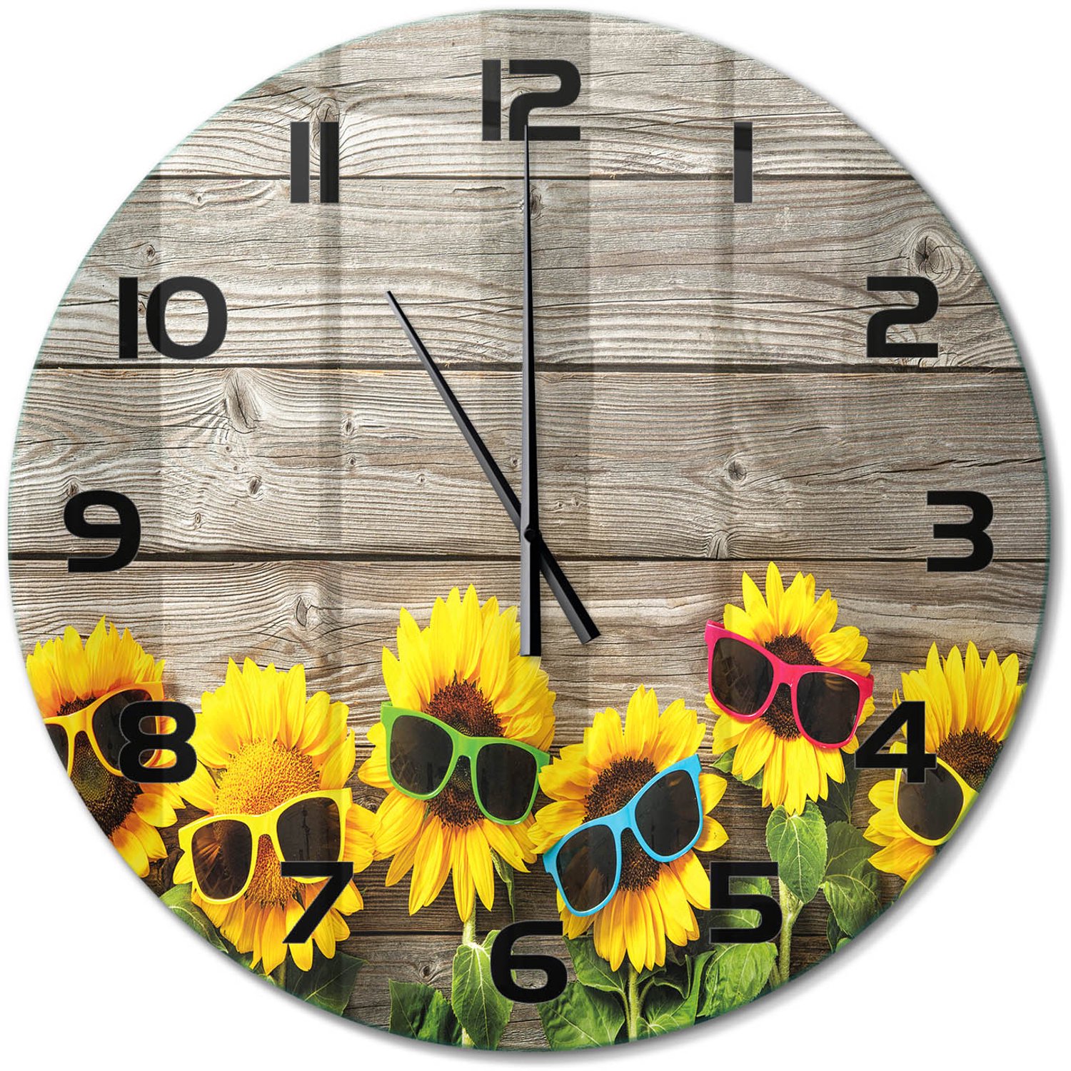 TULUP Wandklok - Zonnebloemen Decoratieve Glazen Klok - fi60 cm - Geel Glazen Wandklok Design - Zwarte handen - Ronde Klok - Glazen Klok Met Print - Wandklok Glas Met Motief