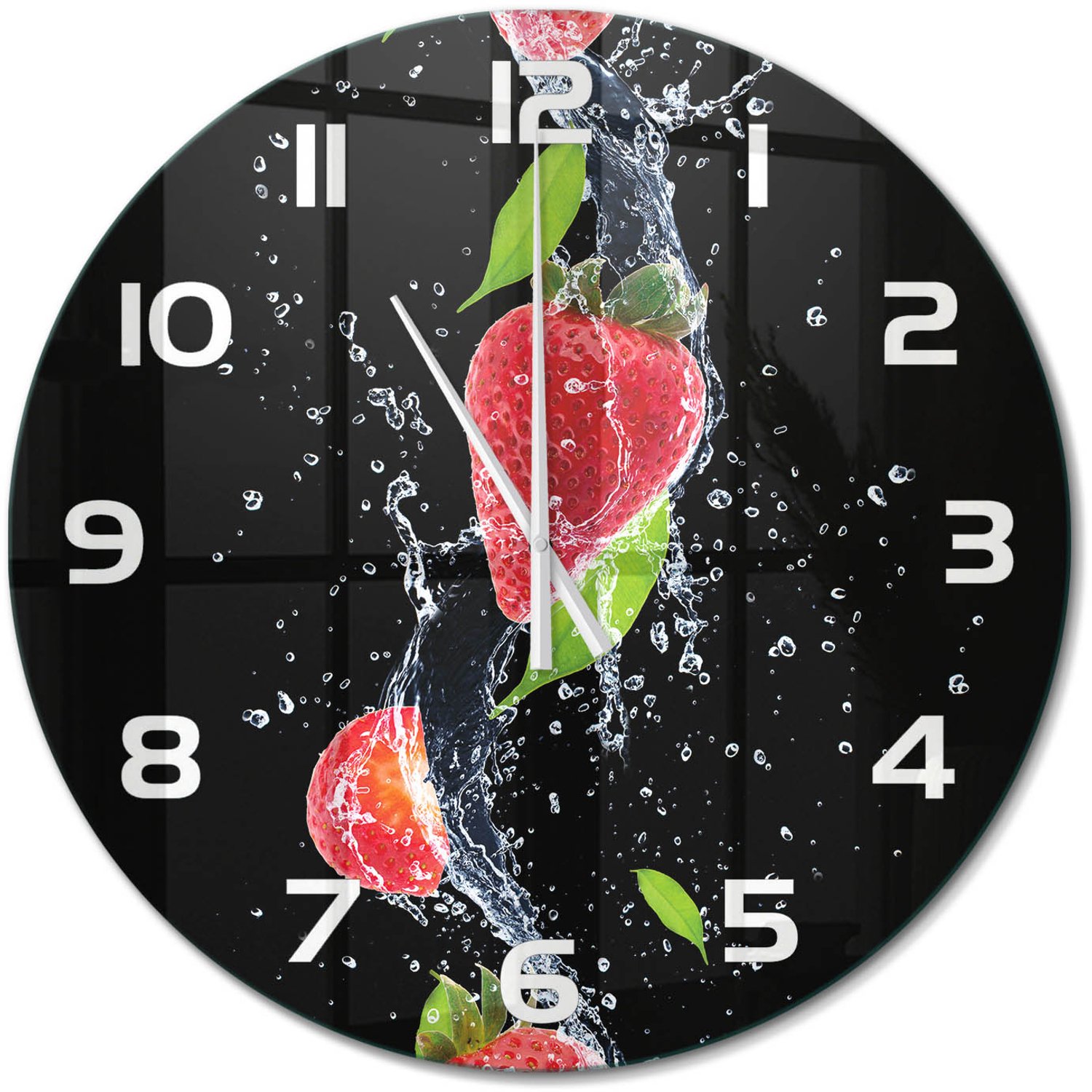 TULUP Wandklok - Aardbeien en water Glazen Wandklok Design - fi60 cm - Rood Klok Glas Met Opdruk - Witte handen - Ronde Klok - Wandklok Glas Met Motief - Decoratieve Glazen Klok