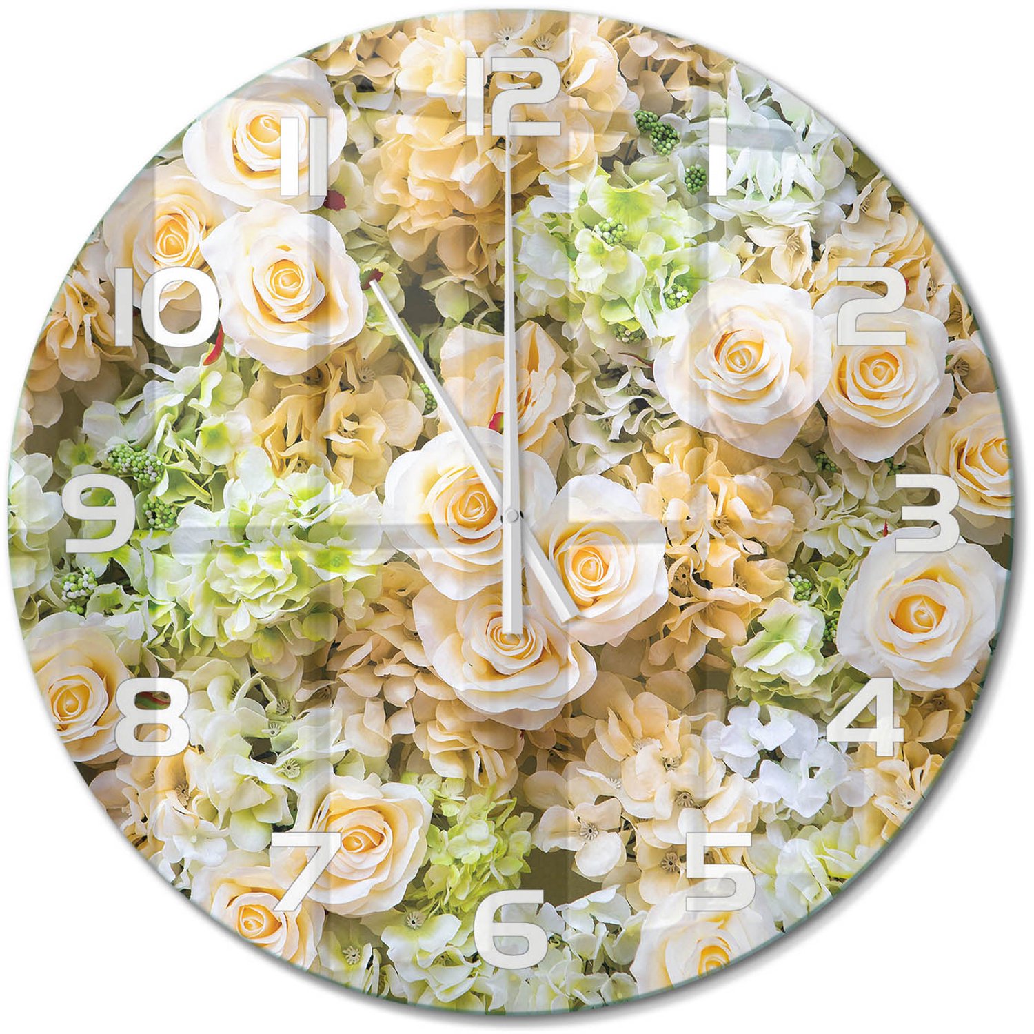 TULUP Wandklok - Rozen Gekleurde Glazen Klok - fi60 cm - Beige Glazen Klok Met Print - Witte handen - Ronde Klok - Moderne Wandklok Glas - Wandklok Glas Decoratie