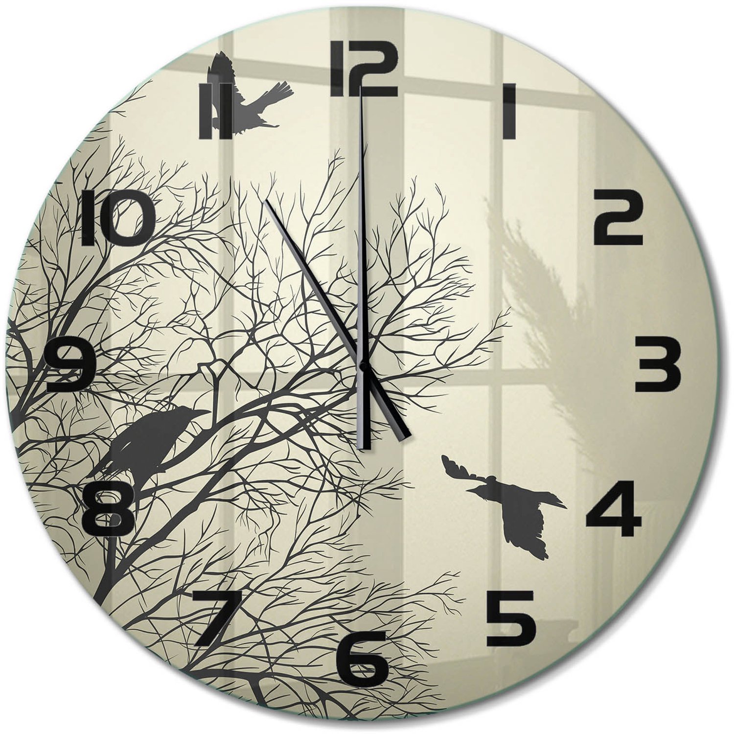 TULUP Wandklok - Raven in de boom Decoratieve Glazen Klok - fi60 cm - Beige Glazen Wandklok Design - Zwarte handen - Ronde Klok - Glazen Klok Met Print - Wandklok Glas Met Motief