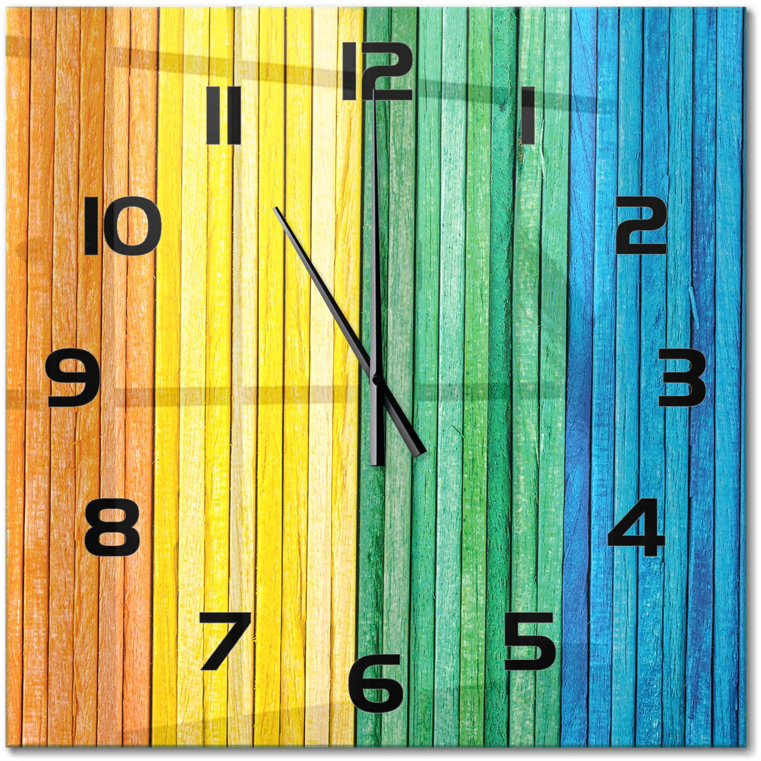 TULUP Wandklok - Kleurrijke strepen Klok Glas Met Opdruk - 60x60 cm - Veelkleurig Moderne Wandklok Glas - Zwarte handen - Vierkante Klok - Decoratieve Glazen Klok - Glazen Wandklok Design