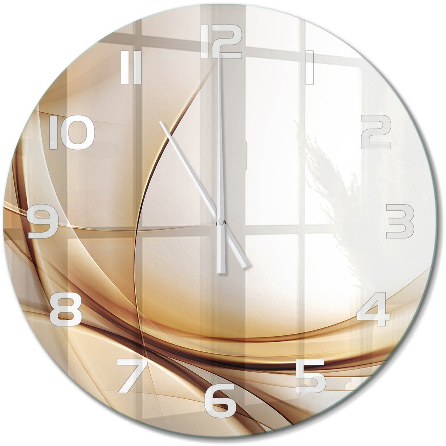 TULUP Wandklok - Golfabstractie Decoratieve Glazen Klok - fi60 cm - Beige Glazen Wandklok Design - Witte handen - Ronde Klok - Glazen Klok Met Print - Wandklok Glas Met Motief