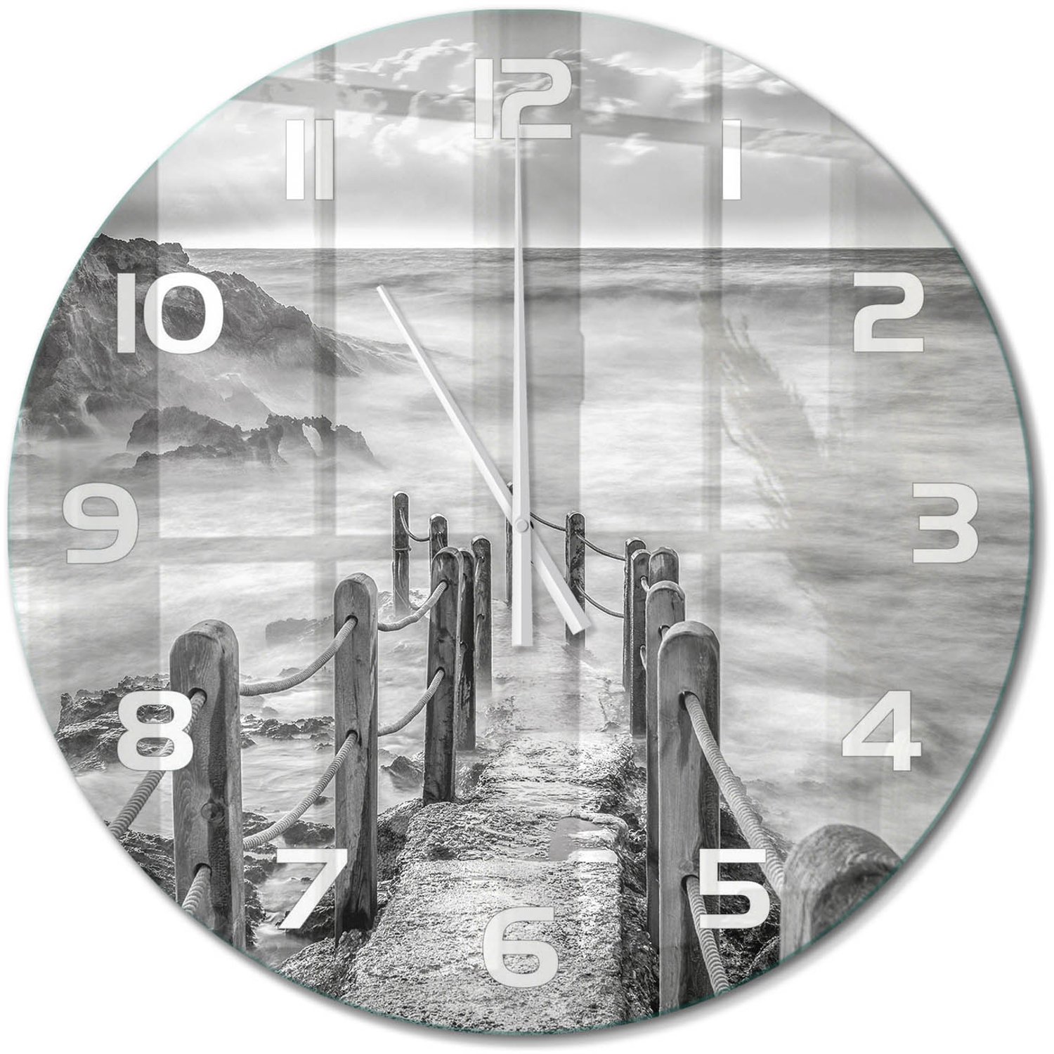 TULUP Wandklok - Pad langs de zee Wandklok Glas Decoratie - fi60 cm - Zwart-wit Gekleurde Glazen Klok - Witte handen - Ronde Klok - Klok Glas Met Opdruk - Moderne Wandklok Glas