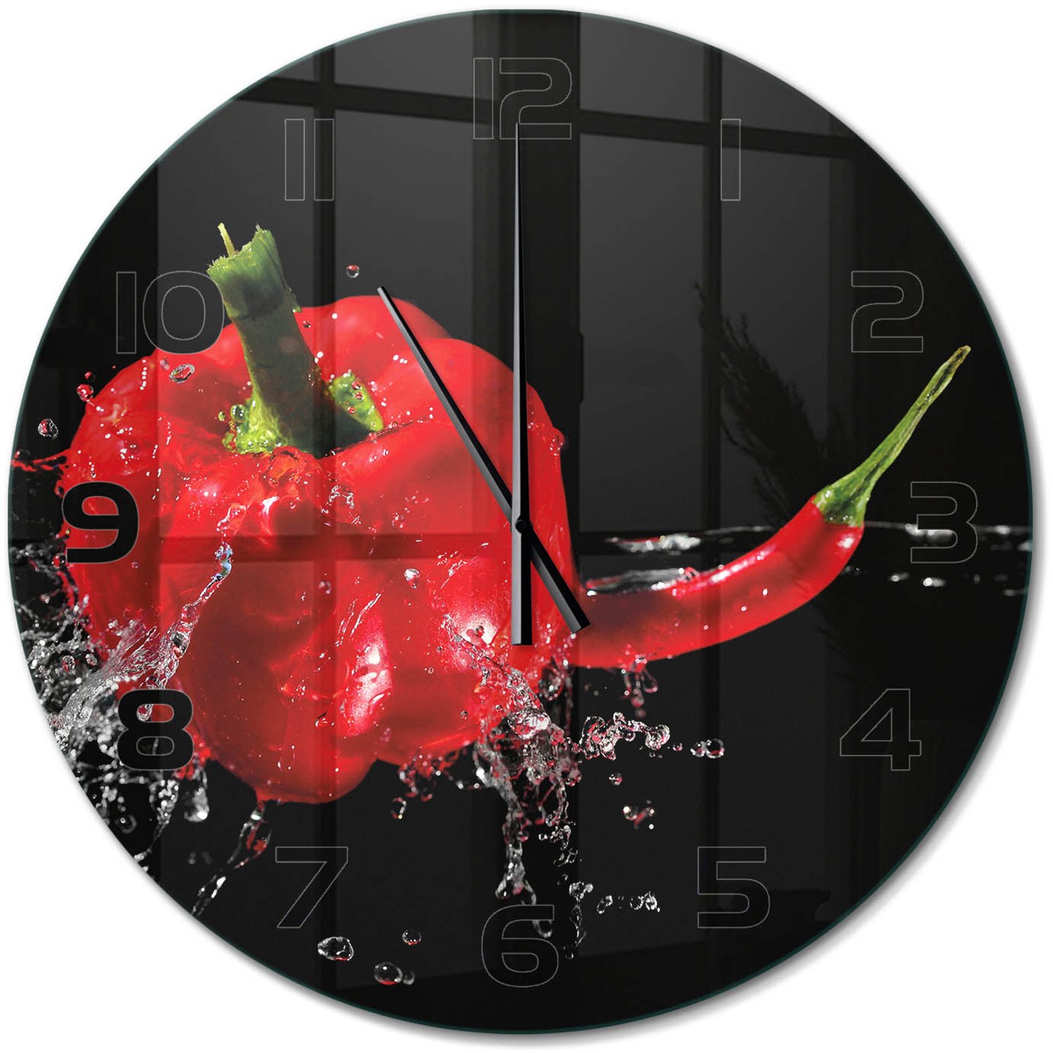 TULUP Wandklok - Rode peper Moderne Wandklok Glas - fi60 cm - Rood Wandklok Glas Decoratie - Zwarte handen - Ronde Klok - Glazen Wandklok Design - Klok Glas Met Opdruk