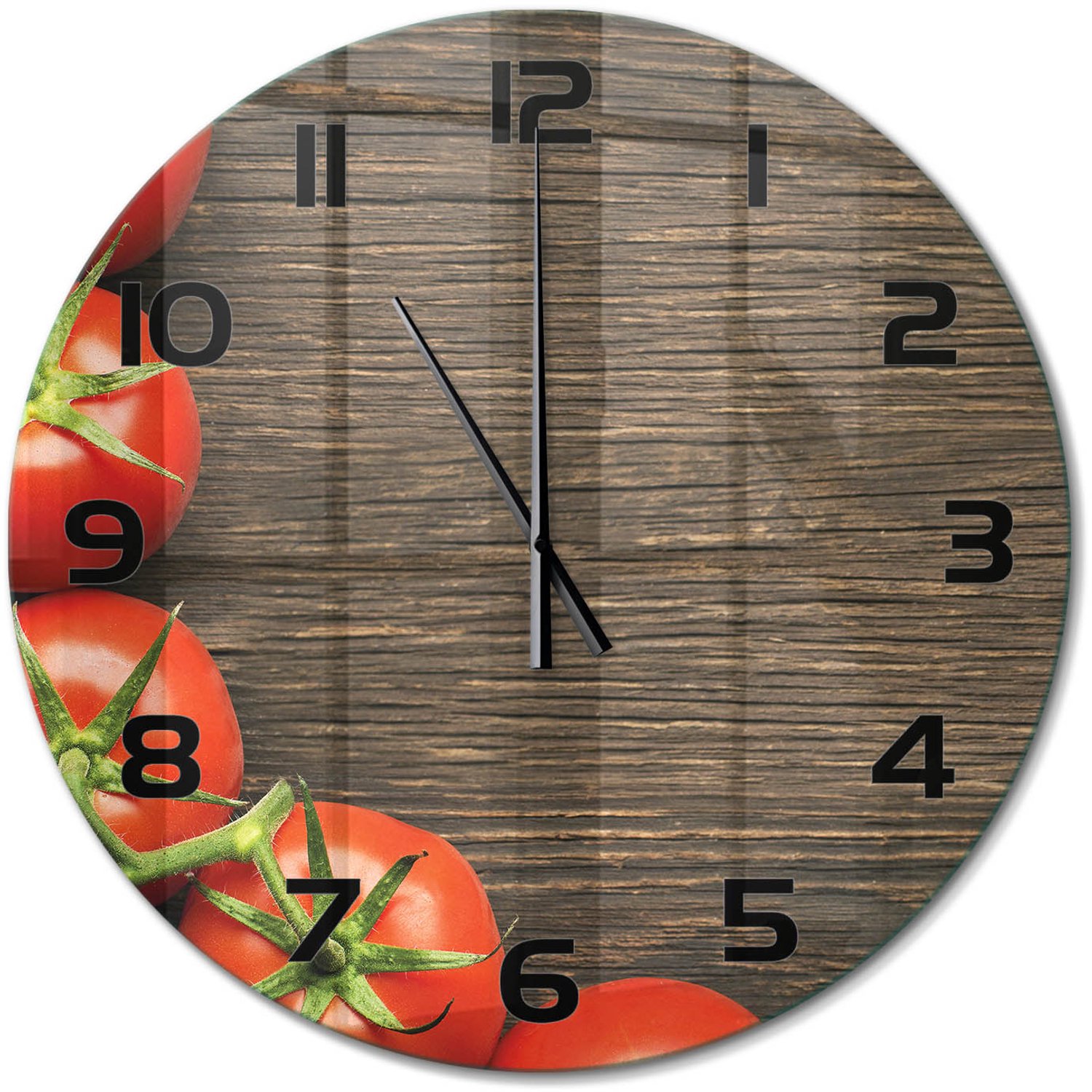 TULUP Wandklok - Tomaten op hout Gekleurde Glazen Klok - fi60 cm - Rood Glazen Klok Met Print - Zwarte handen - Ronde Klok - Moderne Wandklok Glas - Wandklok Glas Decoratie