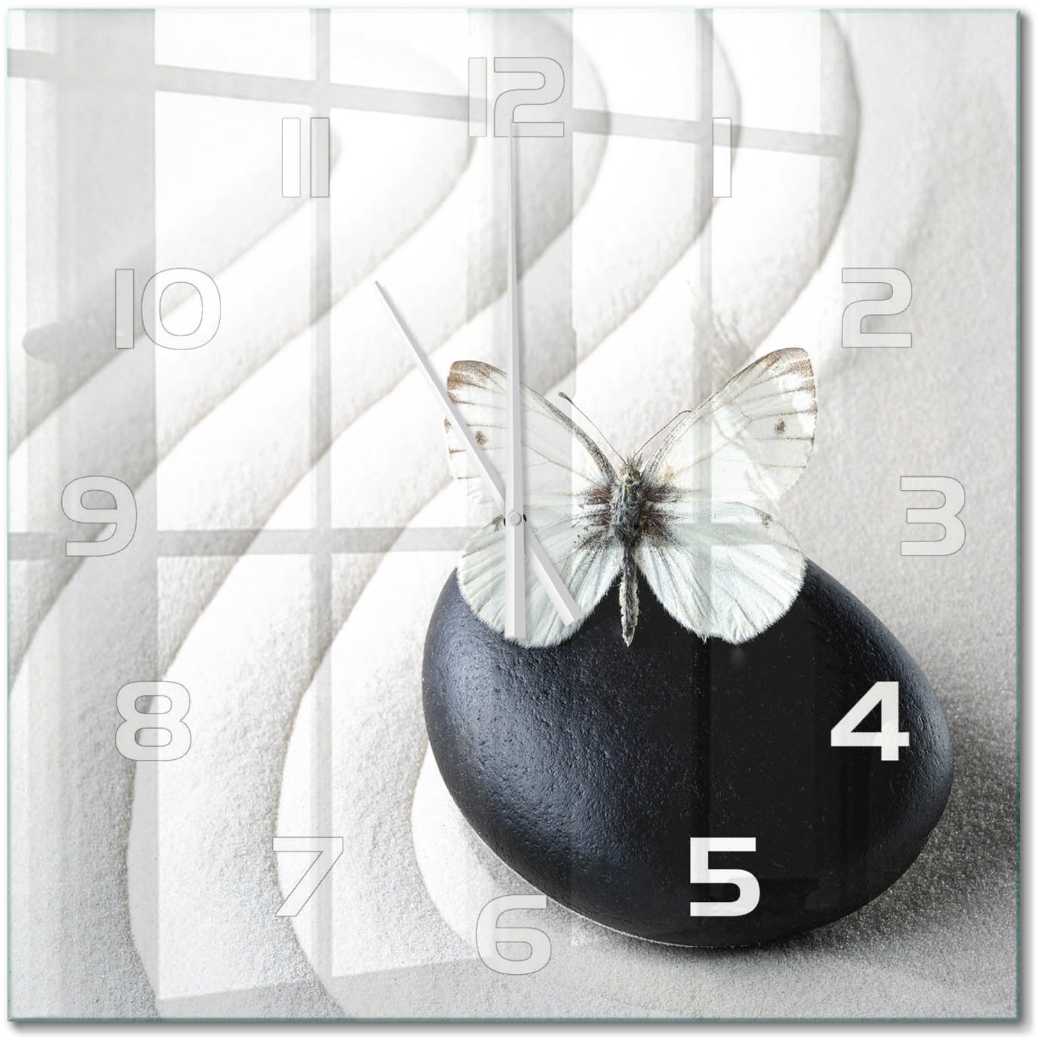 TULUP Wandklok - Zensteen en vlinder Glazen Wandklok Design - 60x60 cm - Wit Klok Glas Met Opdruk - Witte handen - Vierkante Klok - Wandklok Glas Met Motief - Decoratieve Glazen Klok