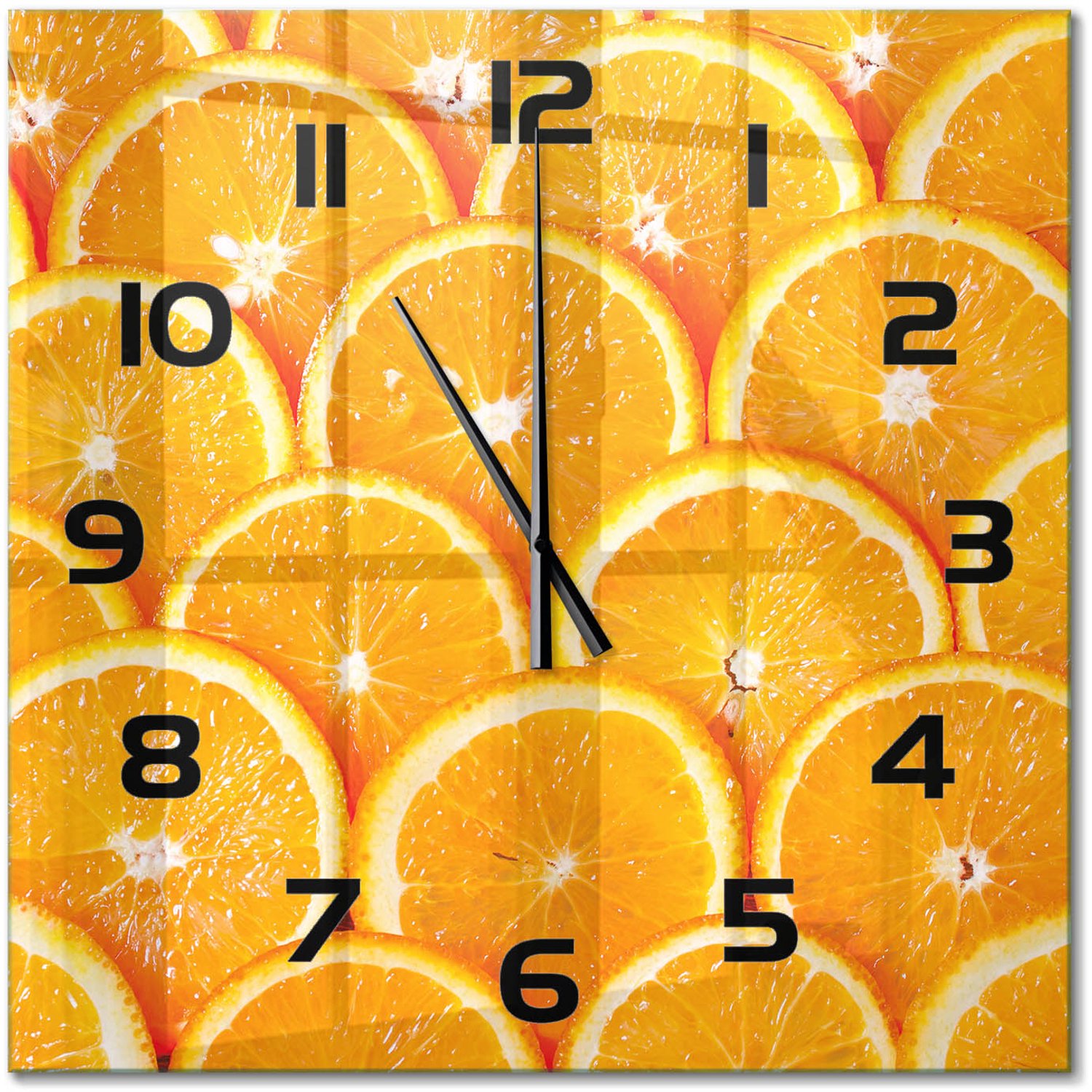 TULUP Wandklok - Sinaasappelschijfjes Klok Glas Met Opdruk - 60x60 cm - Oranje Moderne Wandklok Glas - Zwarte handen - Vierkante Klok - Decoratieve Glazen Klok - Glazen Wandklok Design