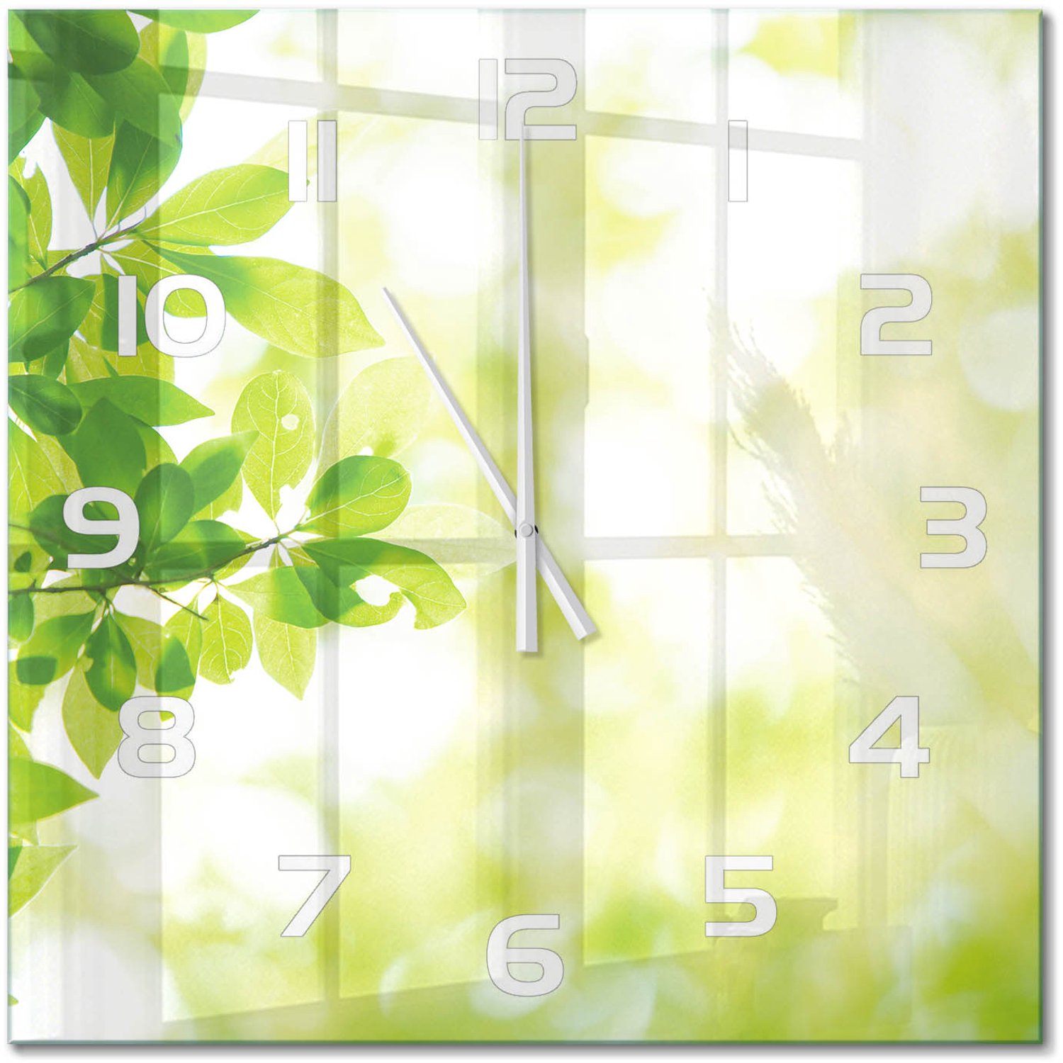 TULUP Wandklok - Bladeren Decoratieve Glazen Klok - 60x60 cm - Groente Glazen Wandklok Design - Witte handen - Vierkante Klok - Glazen Klok Met Print - Wandklok Glas Met Motief
