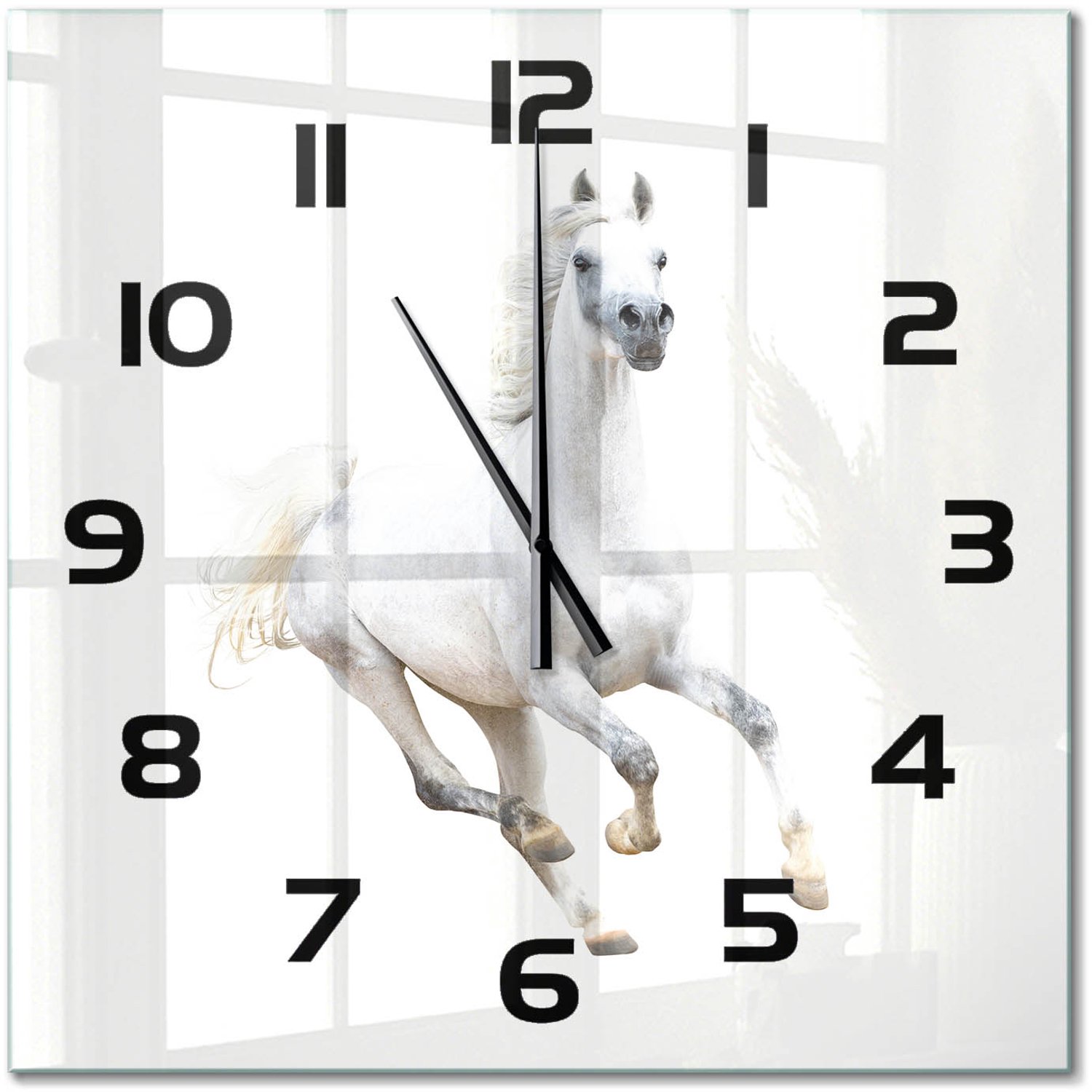 TULUP Wandklok - Wit Arabisch paard Decoratieve Glazen Klok - 60x60 cm - Wit Glazen Wandklok Design - Zwarte handen - Vierkante Klok - Glazen Klok Met Print - Wandklok Glas Met Motief