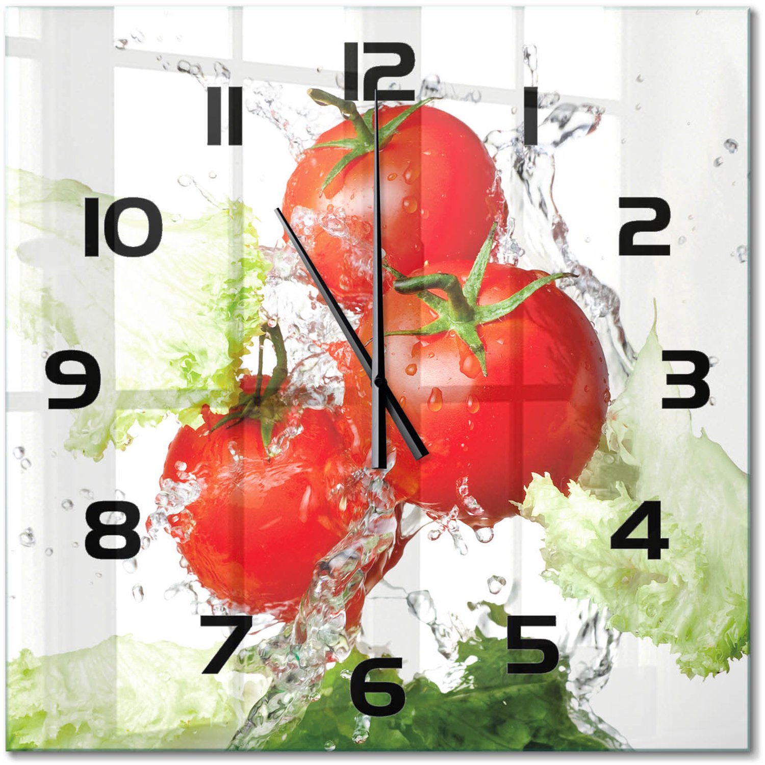 TULUP Wandklok - Tomaten en sla Decoratieve Glazen Klok - 60x60 cm - Rood Glazen Wandklok Design - Zwarte handen - Vierkante Klok - Glazen Klok Met Print - Wandklok Glas Met Motief