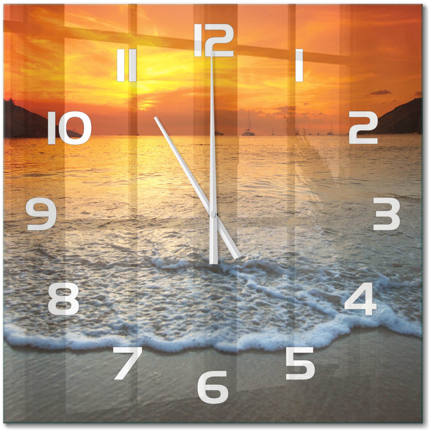 TULUP Wandklok - Zonsondergang Zee Glazen Wandklok Design - 60x60 cm - Oranje Klok Glas Met Opdruk - Witte handen - Vierkante Klok - Wandklok Glas Met Motief - Decoratieve Glazen Klok