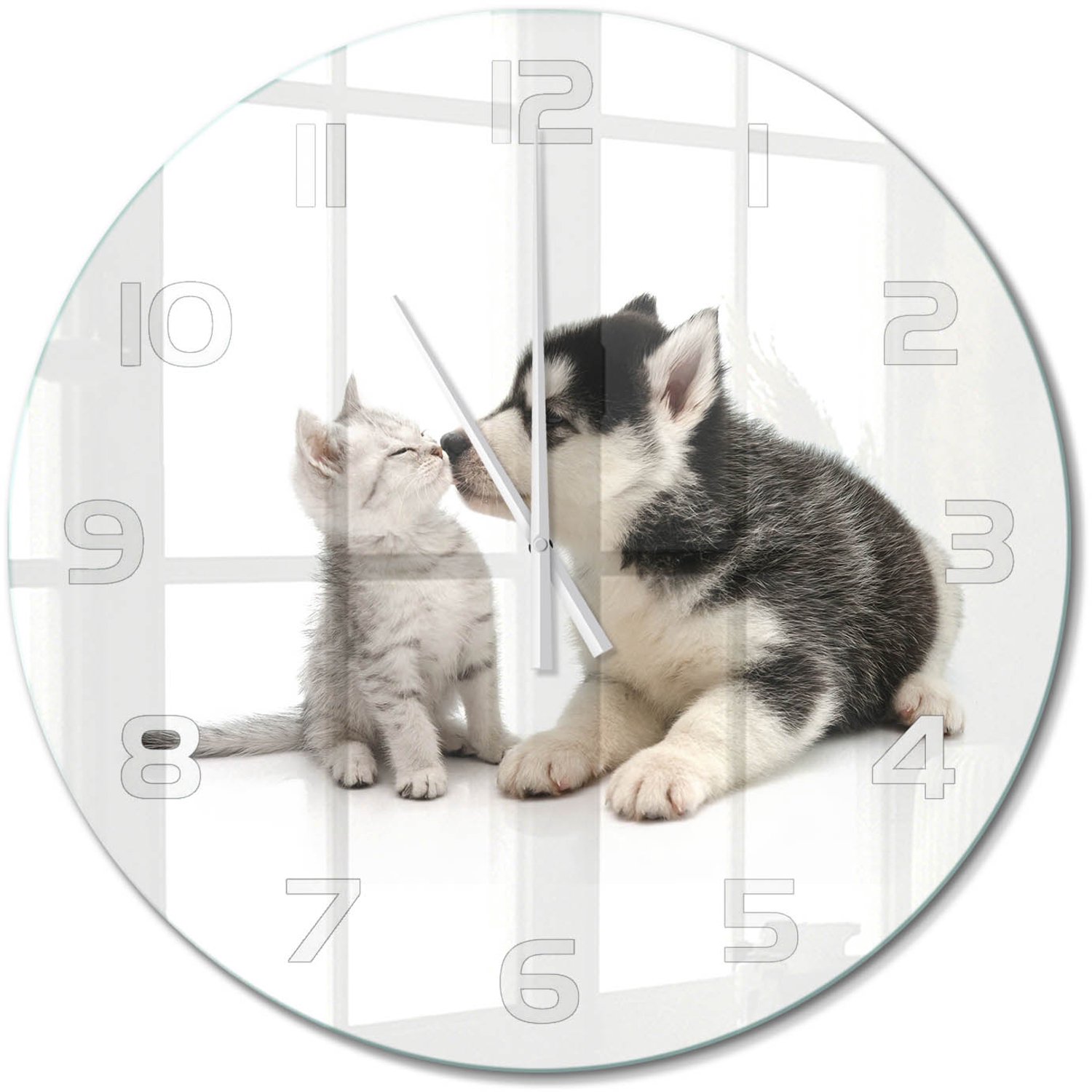 TULUP Wandklok - Hond en kat Wandklok Glas Decoratie - fi60 cm - Zwart Gekleurde Glazen Klok - Witte handen - Ronde Klok - Klok Glas Met Opdruk - Moderne Wandklok Glas