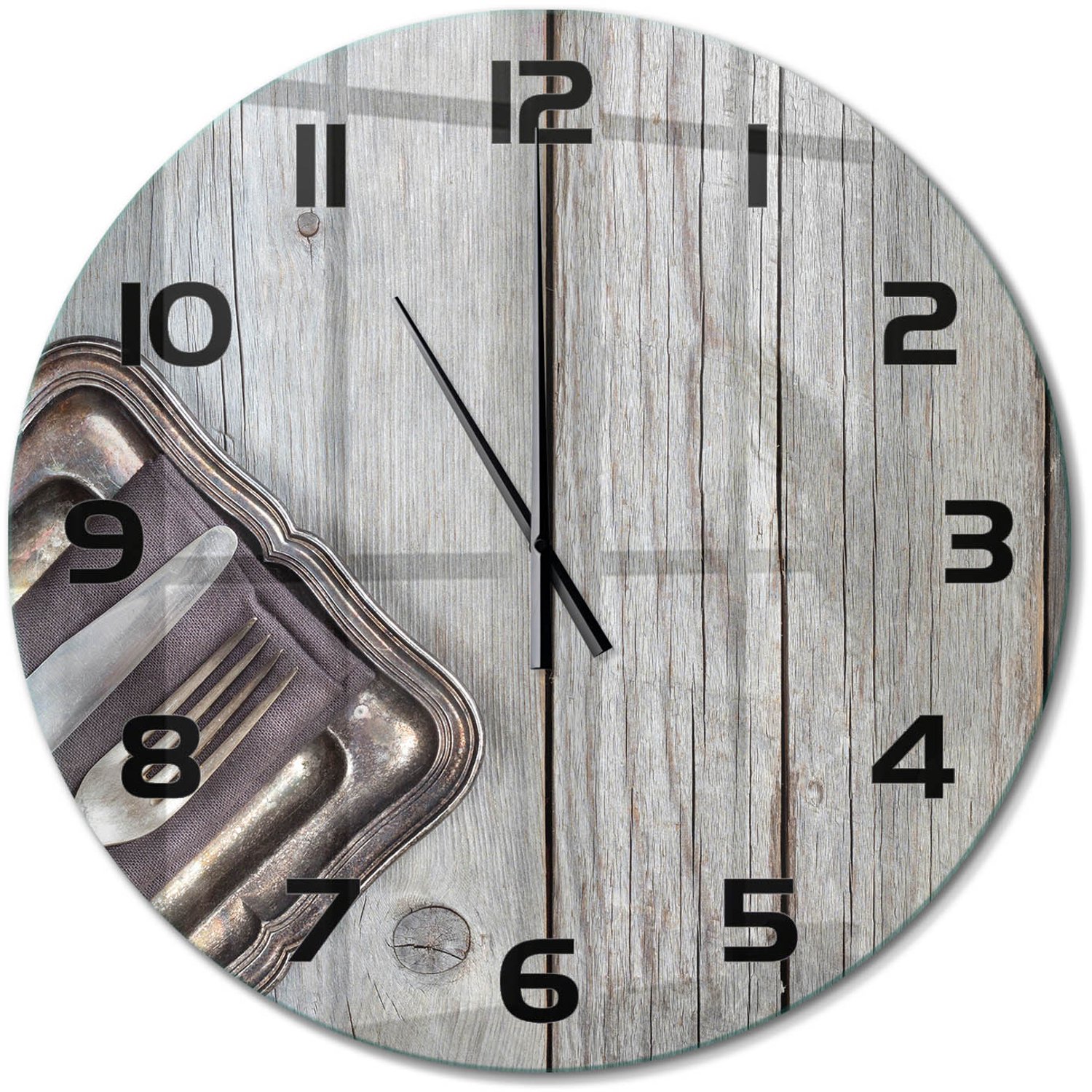 TULUP Wandklok - Bestek op snijplanken Klok Glas Met Opdruk - fi60 cm - Beige Moderne Wandklok Glas - Zwarte handen - Ronde Klok - Decoratieve Glazen Klok - Glazen Wandklok Design