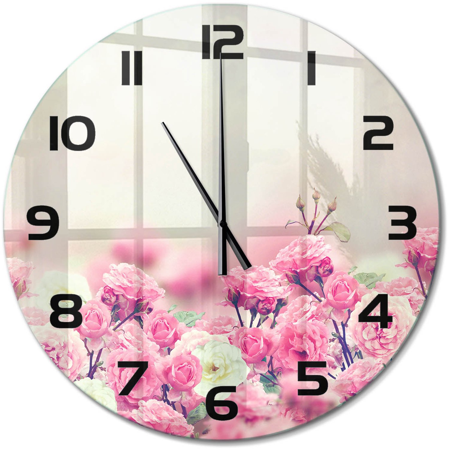 TULUP Wandklok - Wilde rozenbloemen Klok Glas Met Opdruk - fi60 cm - Roze Moderne Wandklok Glas - Zwarte handen - Ronde Klok - Decoratieve Glazen Klok - Glazen Wandklok Design