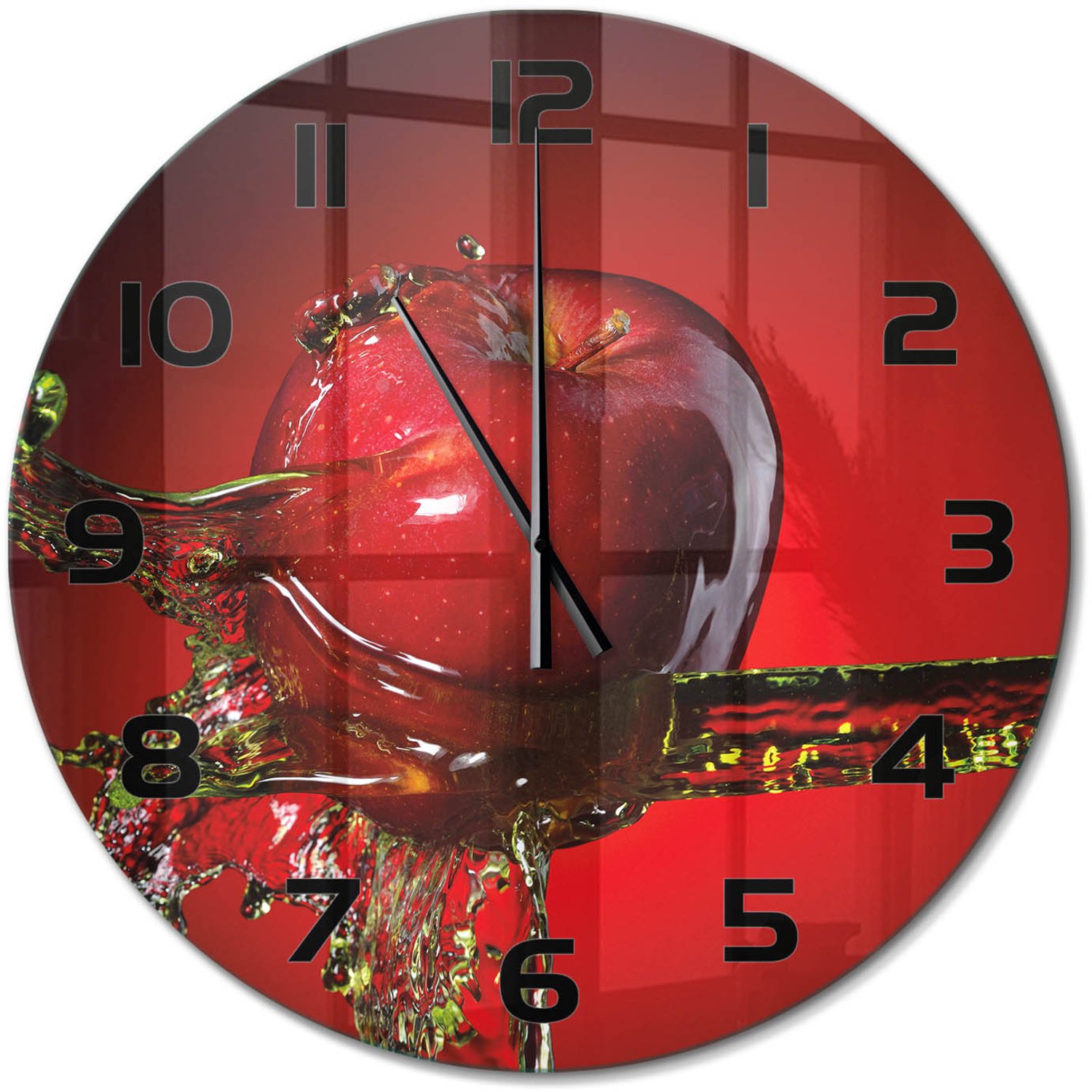 TULUP Wandklok - Appel en water Decoratieve Glazen Klok - fi60 cm - Rood Glazen Wandklok Design - Zwarte handen - Ronde Klok - Glazen Klok Met Print - Wandklok Glas Met Motief