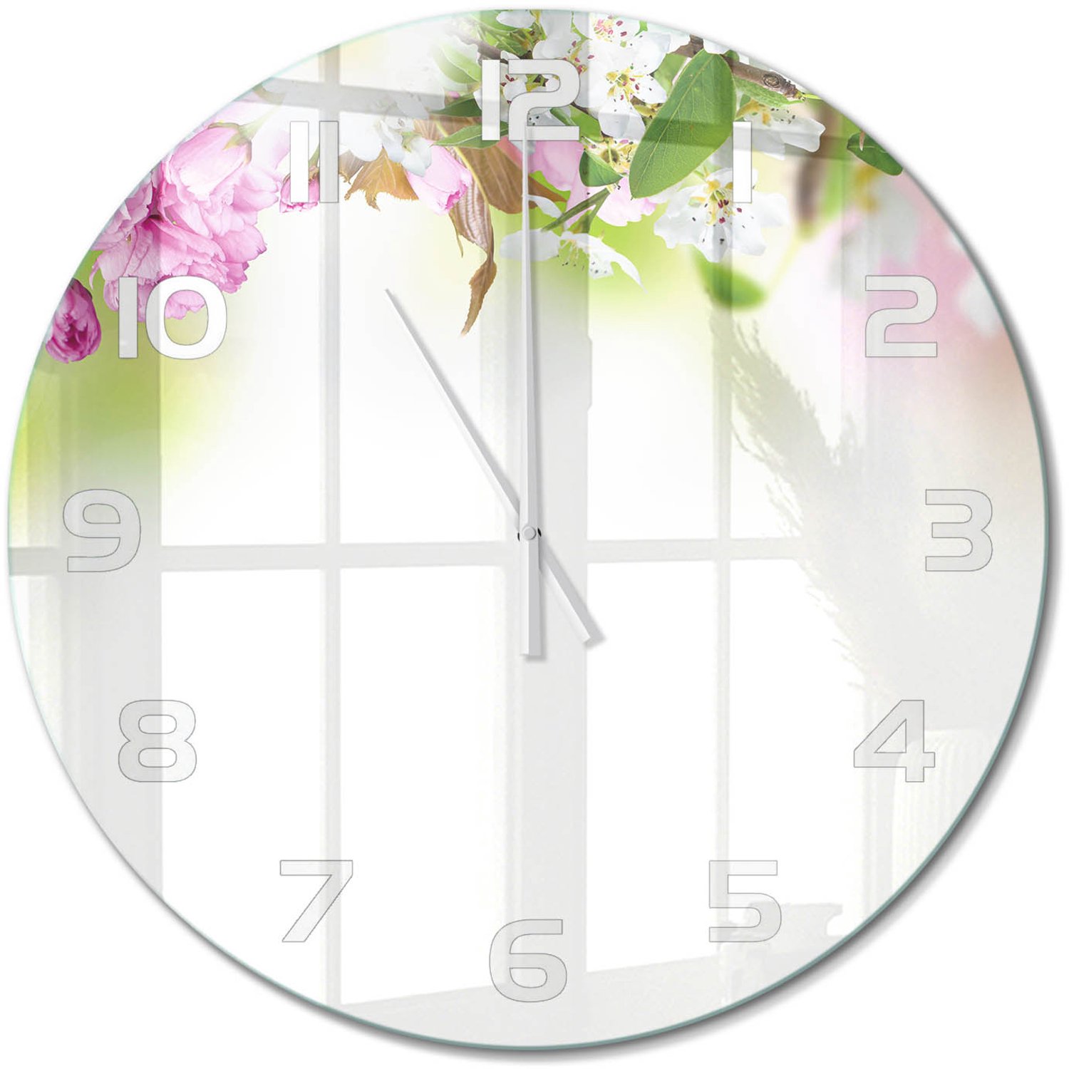 TULUP Wandklok - Lentebloemen Wandklok Glas Decoratie - fi60 cm - Veelkleurig Gekleurde Glazen Klok - Witte handen - Ronde Klok - Klok Glas Met Opdruk - Moderne Wandklok Glas