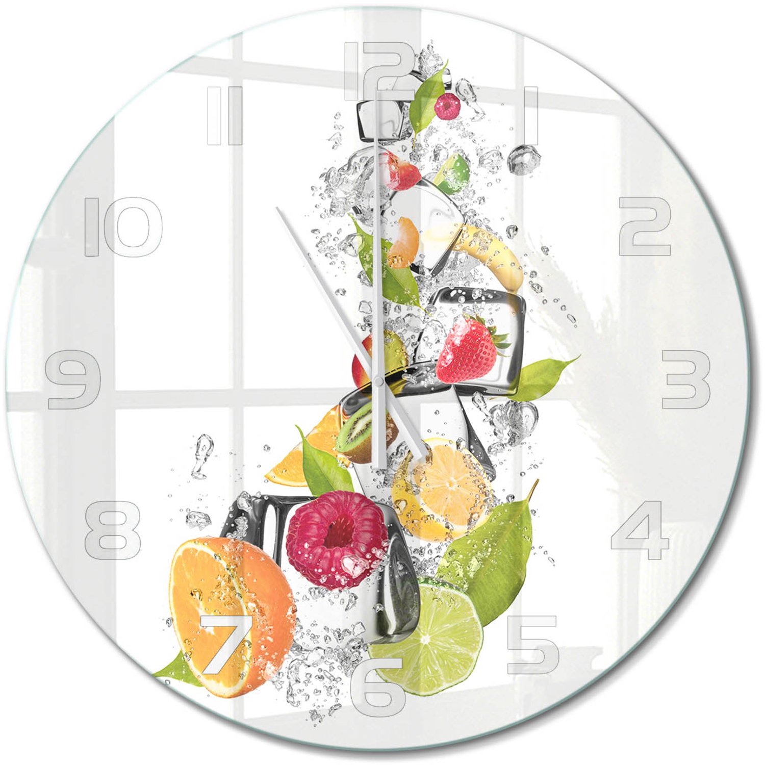 TULUP Wandklok - Fruit met ijs Moderne Wandklok Glas - fi60 cm - Veelkleurig Wandklok Glas Decoratie - Witte handen - Ronde Klok - Glazen Wandklok Design - Klok Glas Met Opdruk