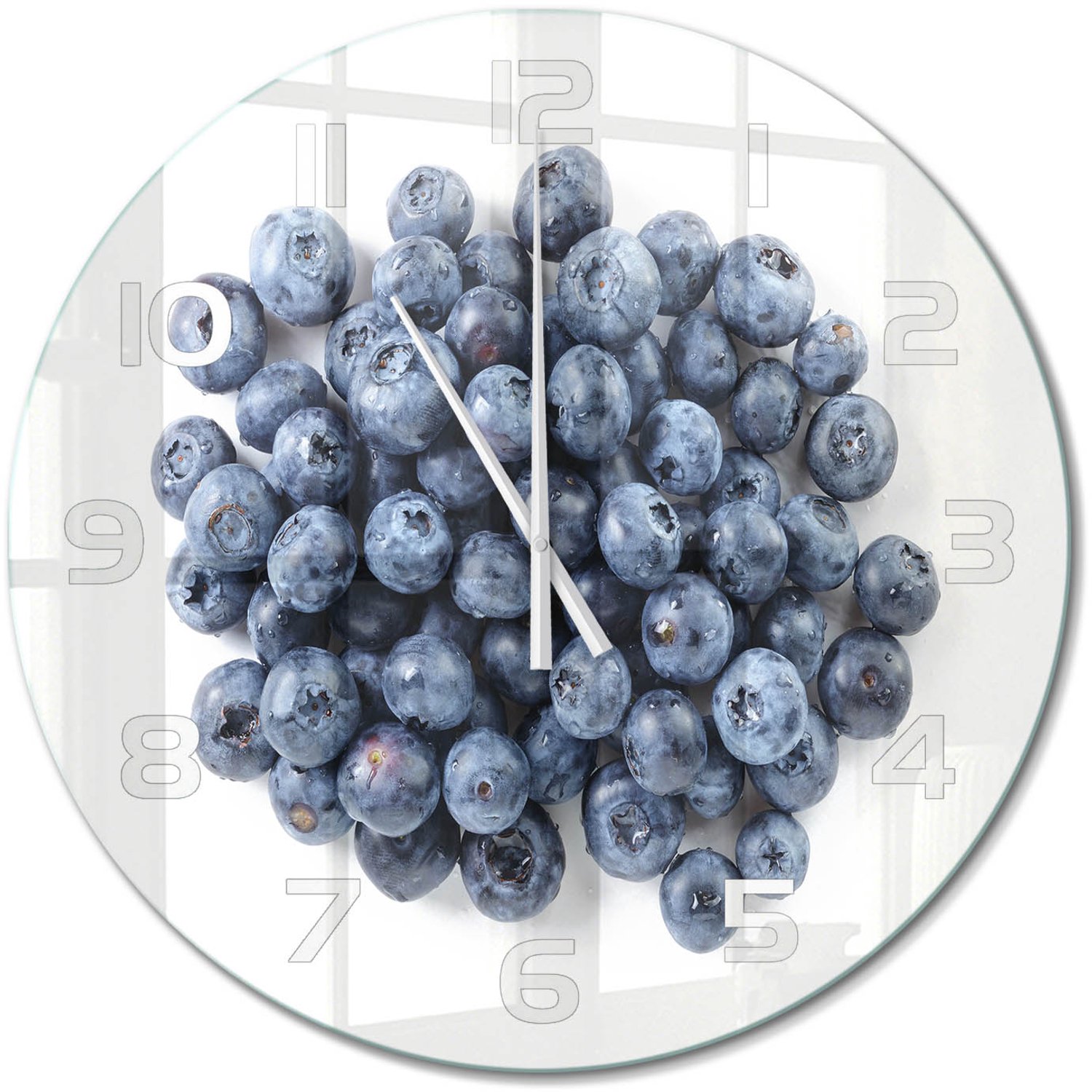 TULUP Wandklok - Bosbessen Decoratieve Glazen Klok - fi60 cm - Blauw Glazen Wandklok Design - Witte handen - Ronde Klok - Glazen Klok Met Print - Wandklok Glas Met Motief