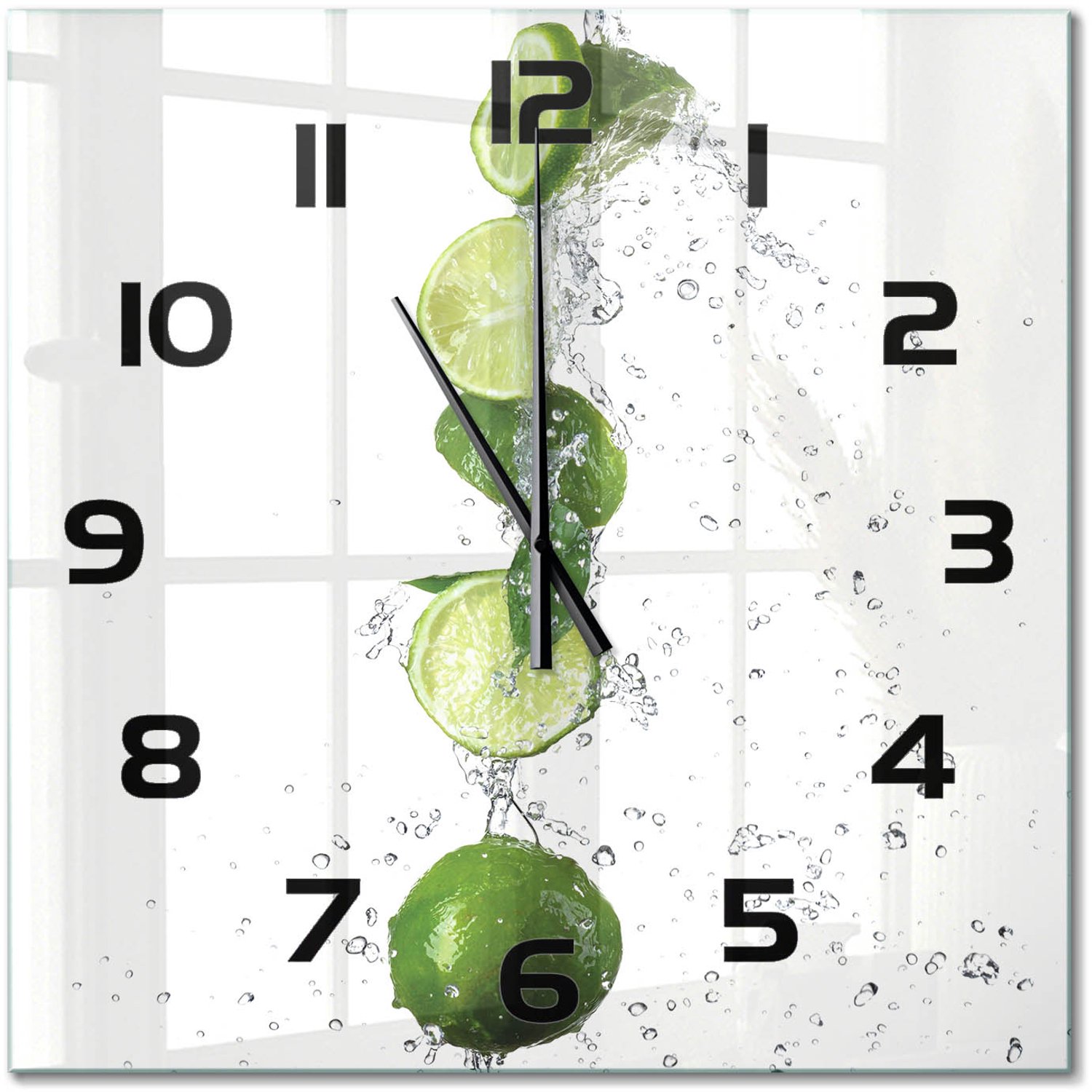 TULUP Wandklok - Kalk en water Glazen Klok Met Print - 60x60 cm - Groente Wandklok Glas Met Motief - Zwarte handen - Vierkante Klok - Wandklok Glas Decoratie - Gekleurde Glazen Klok
