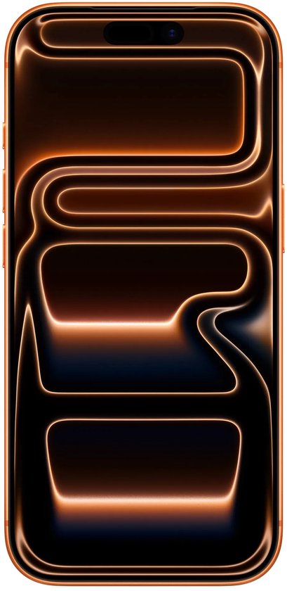Vue de face d'un smartphone orange avec un motif lumineux abstrait et ondulé sur l'écran.