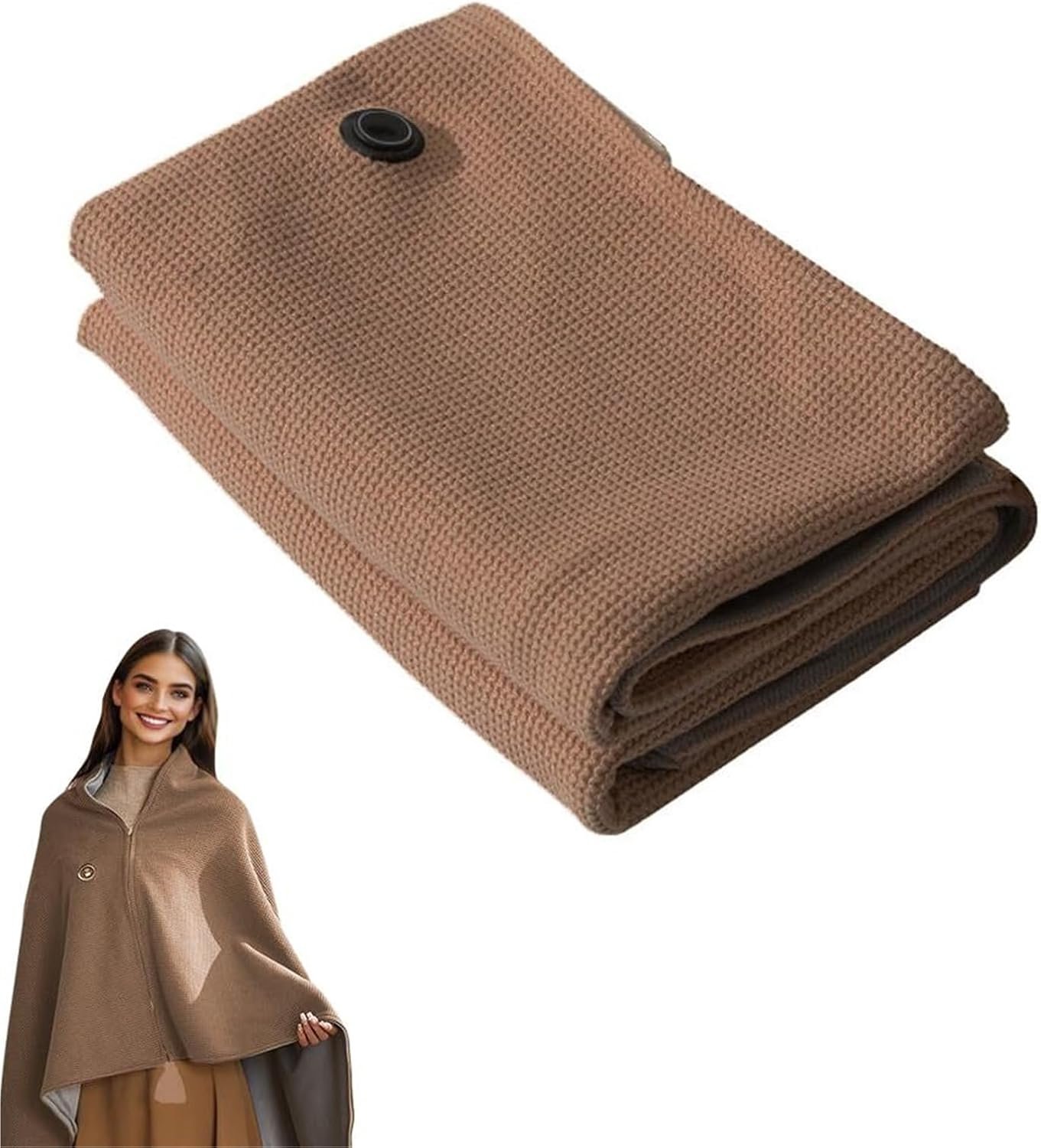 1 Winterse verwarmde deken met capuchon 150×80cm Drie temperatuurinstellingen Opvouwbaar en wasbaar Draagbare verwarmde deken Zacht en comfortabel Geschikt voor binnen- en buitengebruik Bruin