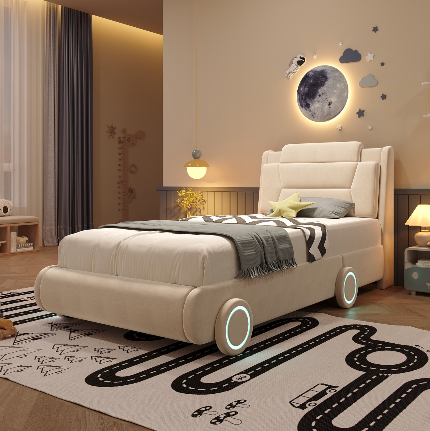 WUVRIE Kinderbed 90x200 cm - Autobed met verstelbaar hoofdeinde en lichtstrips - Beige